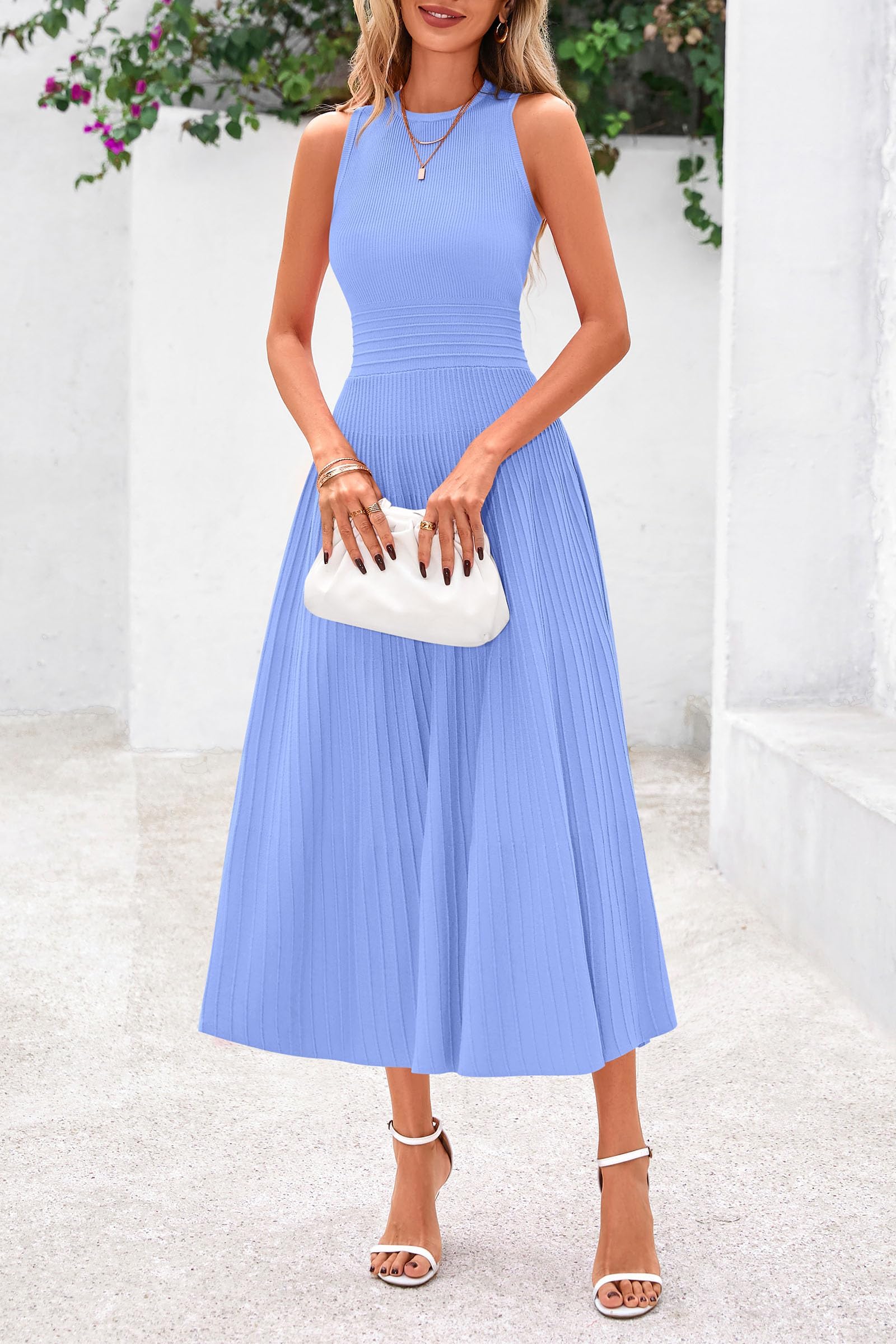 Women's Summer Pleated Midi Work Dress,Sky Blue,M