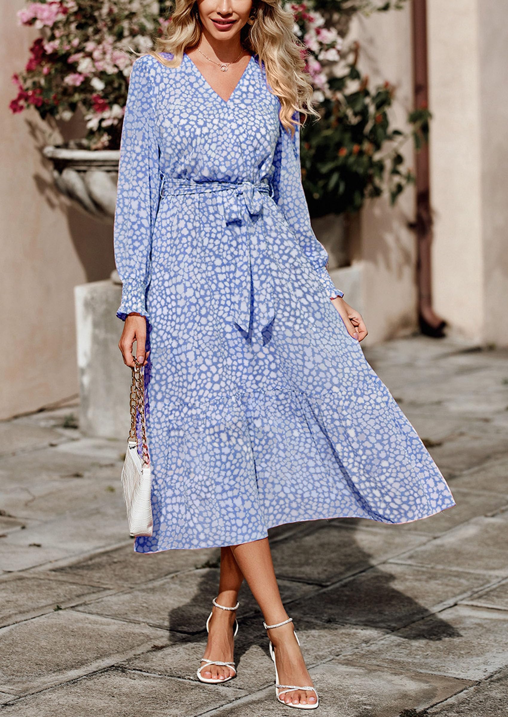Women's Floral Boho Long Sleeve Maxi Dress, Light Blue,S