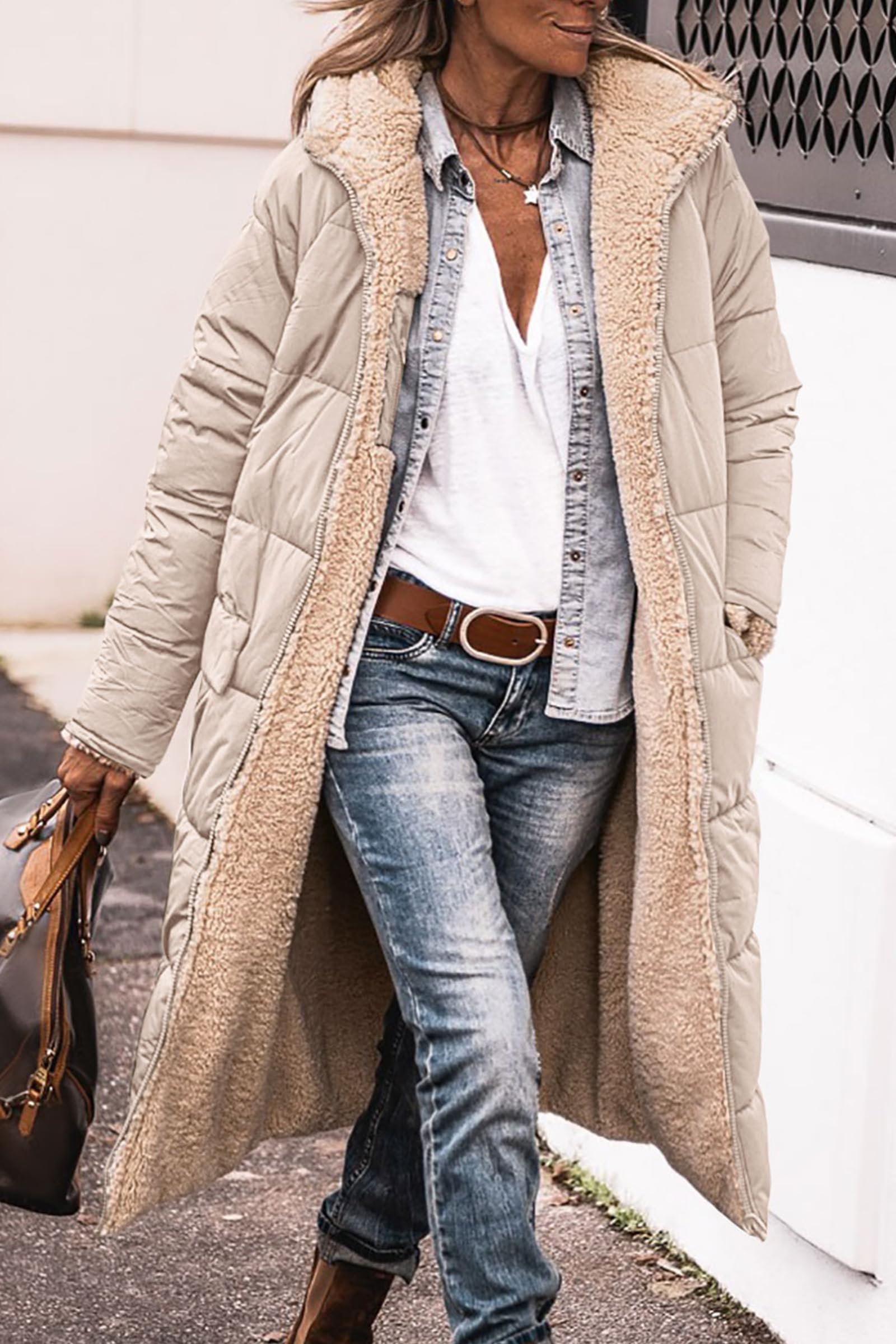Women's Winter Fleece Warm Long Coats(Light Khaki,Small)
