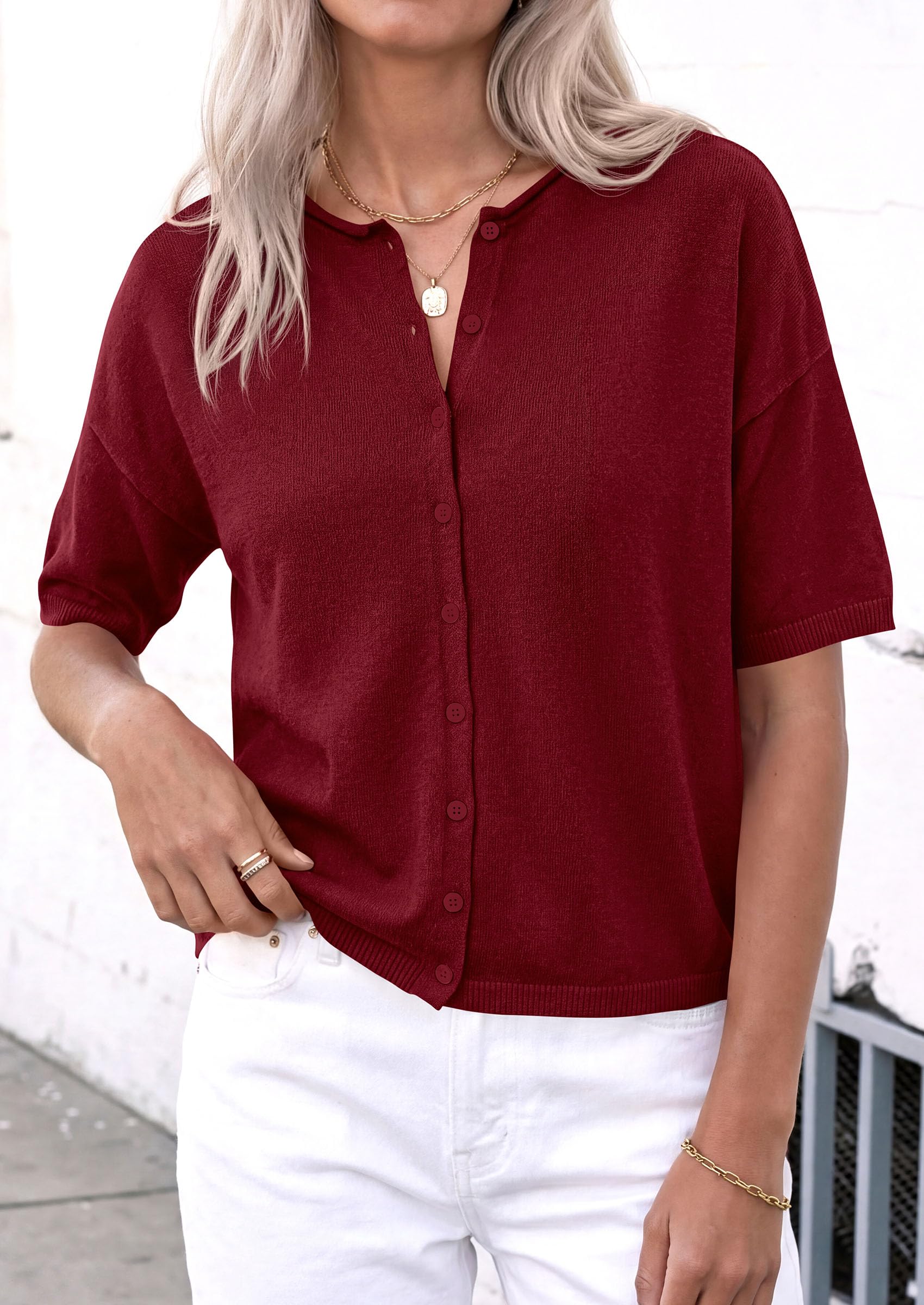 Women's Short Sleeve Cardigan Sweaters (Burgundy,Small)