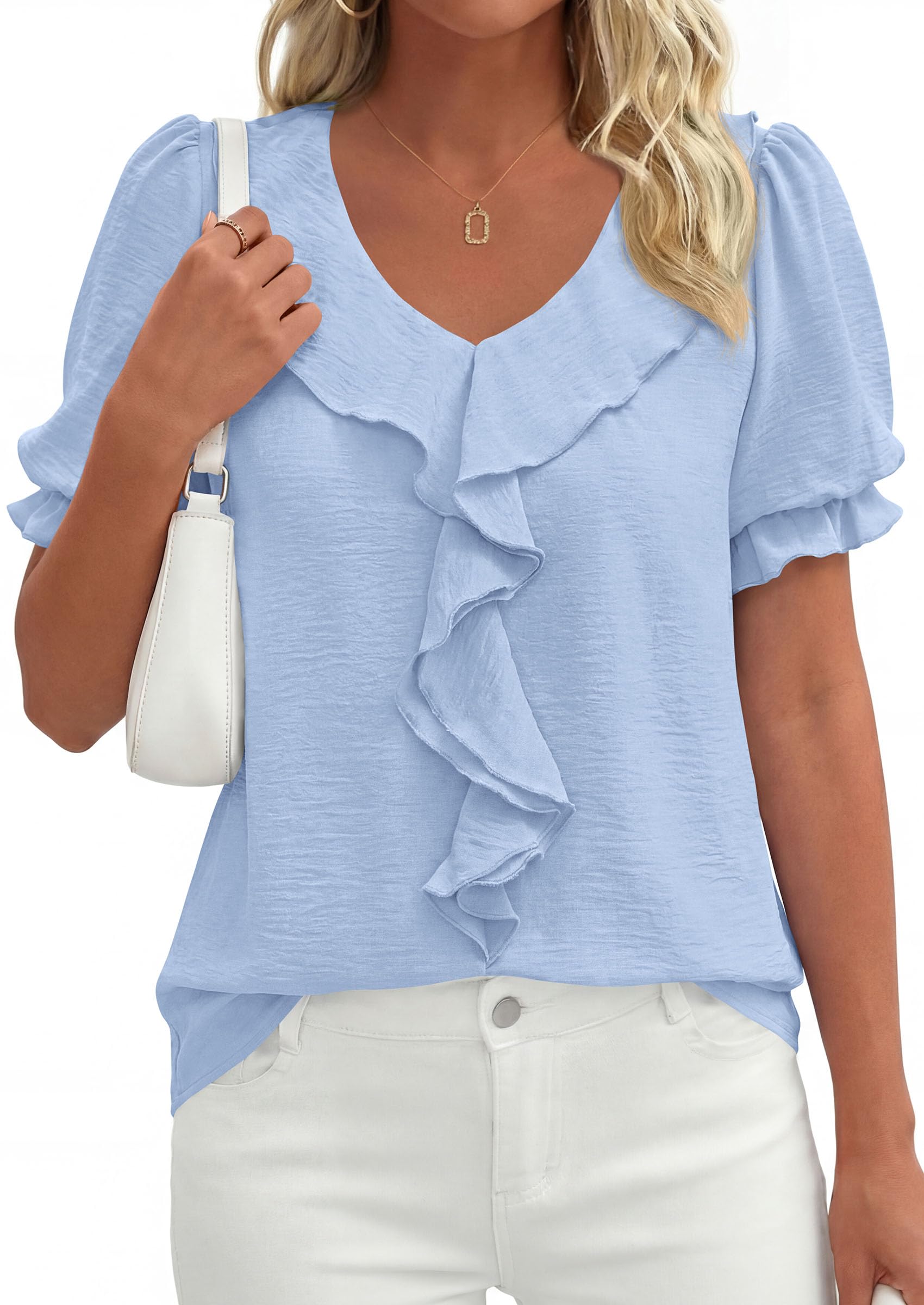 Women's Summer Ruffle Dressy Casual Blouses (Light Blue,S)