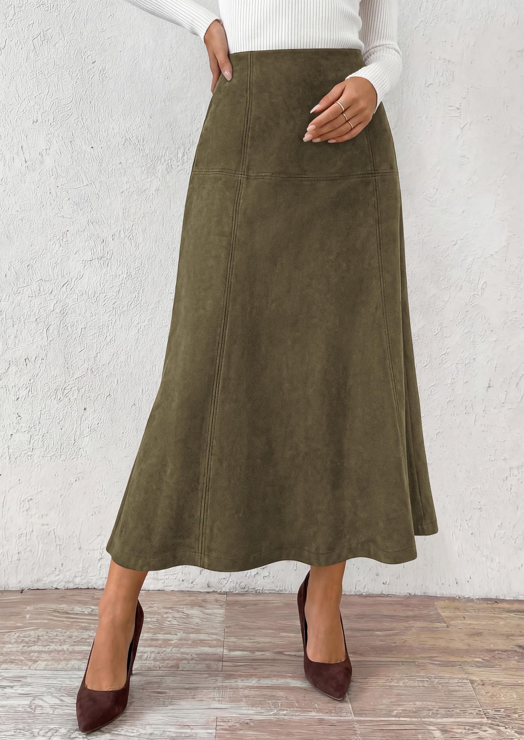 Womens High Waist Faux Suede A Line Midi Skirt,Army Green,S