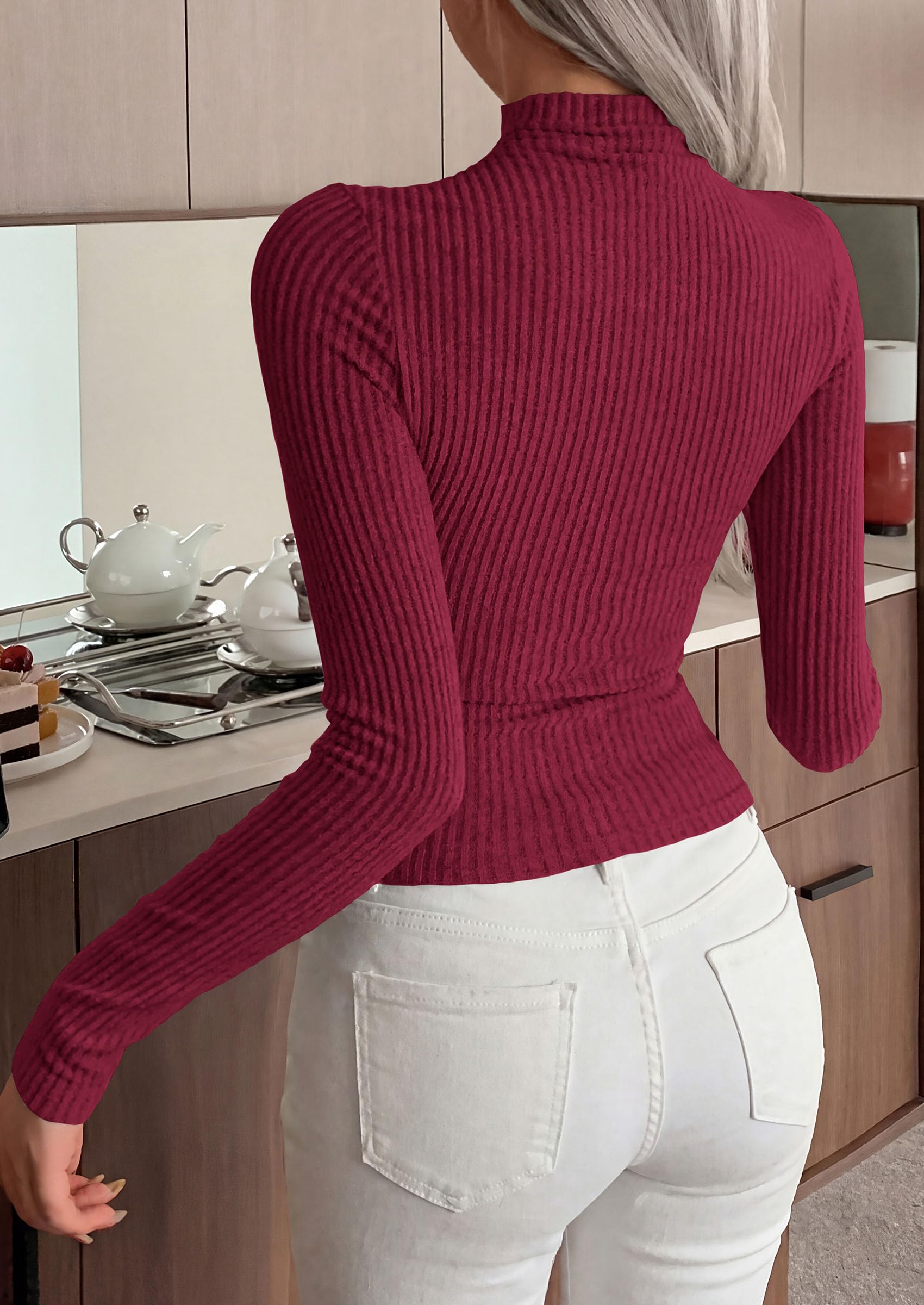 Long Sleeve Shirts for Women Fall Ribbed Mock Turtleneck Tops