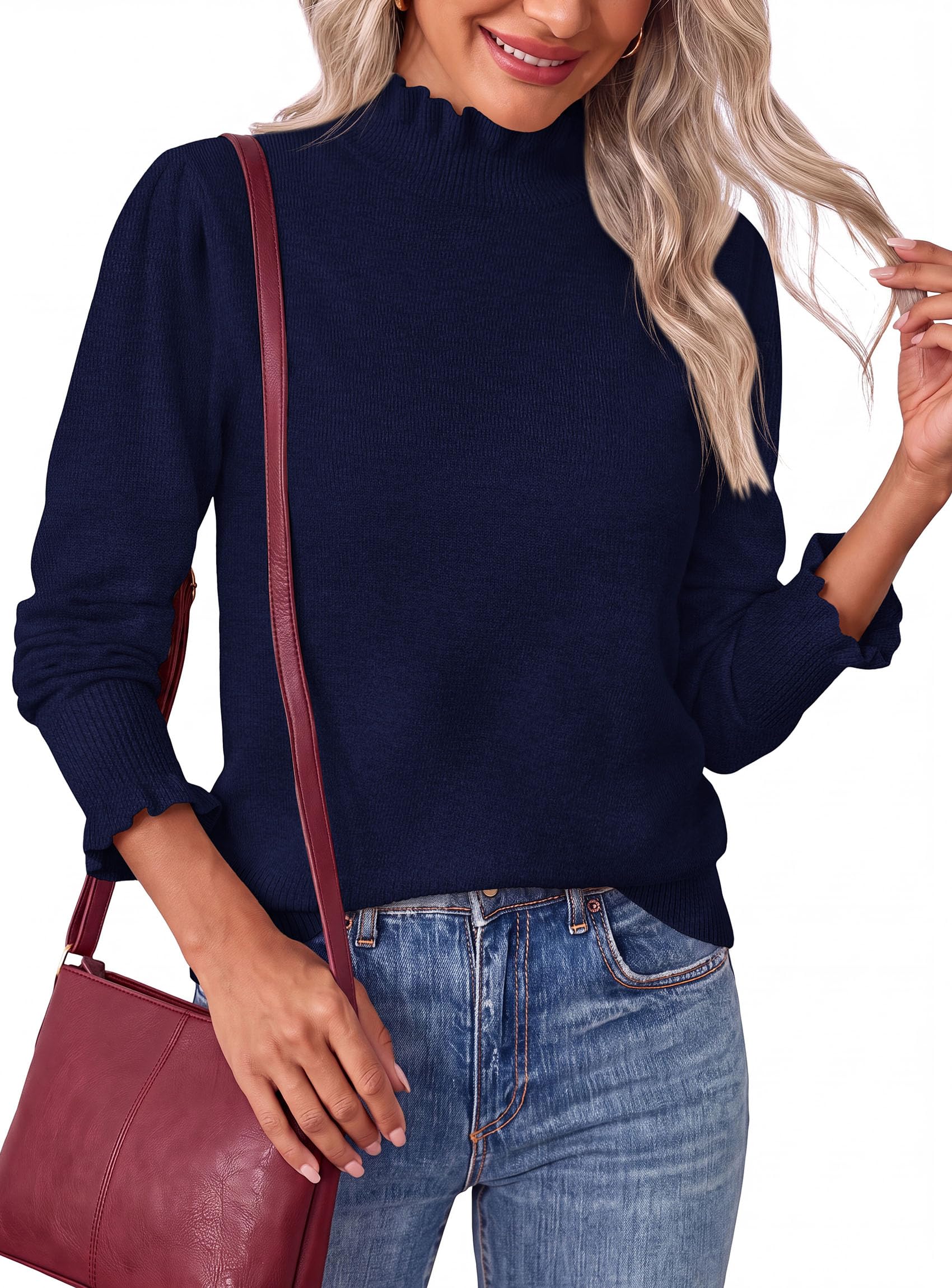 Women's Fall Cozy Sweaters Trendy Ruffle Mock Neck Pullover