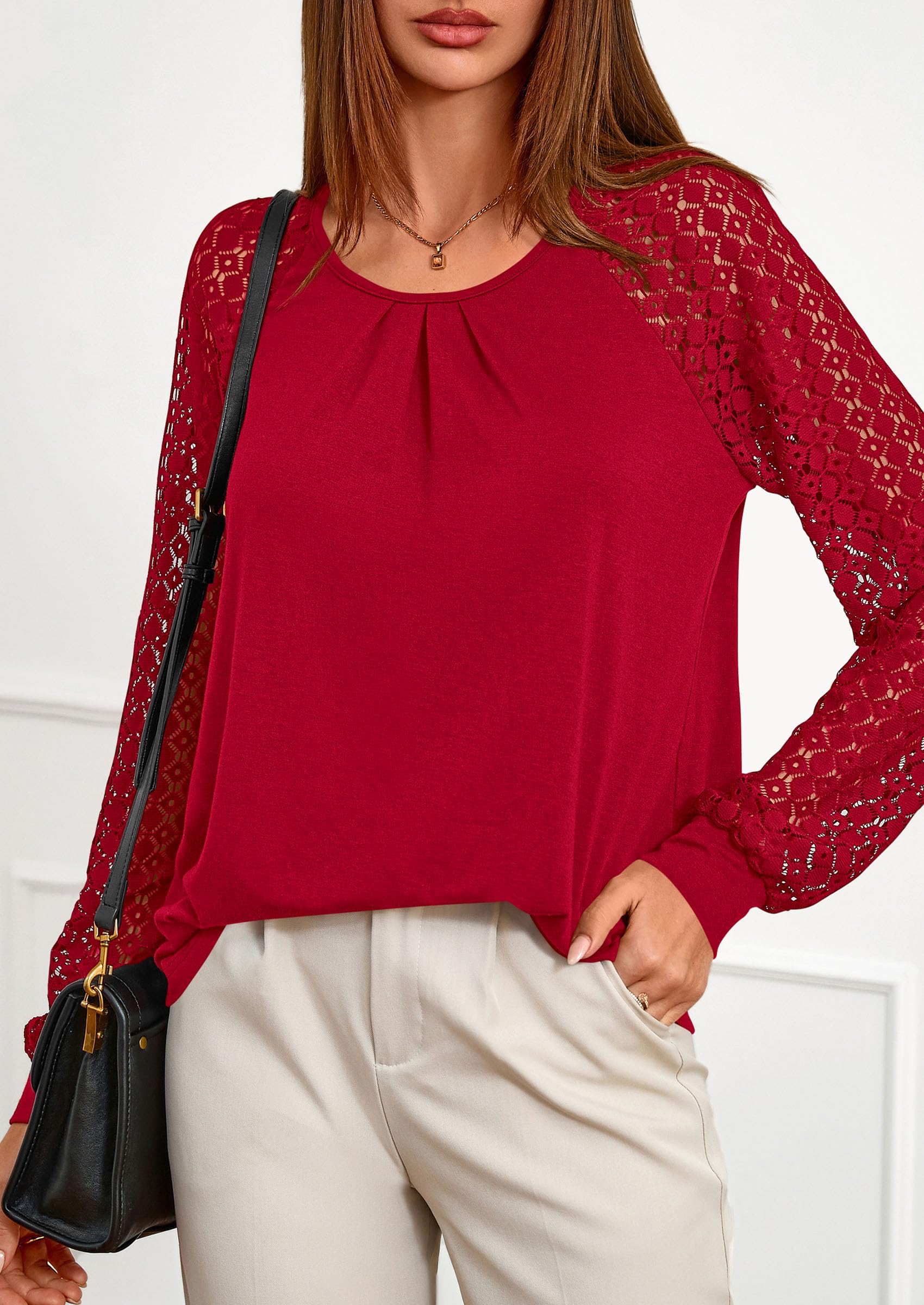 Women's Long Sleeve Shirts Fall Lace Tops,Red,S