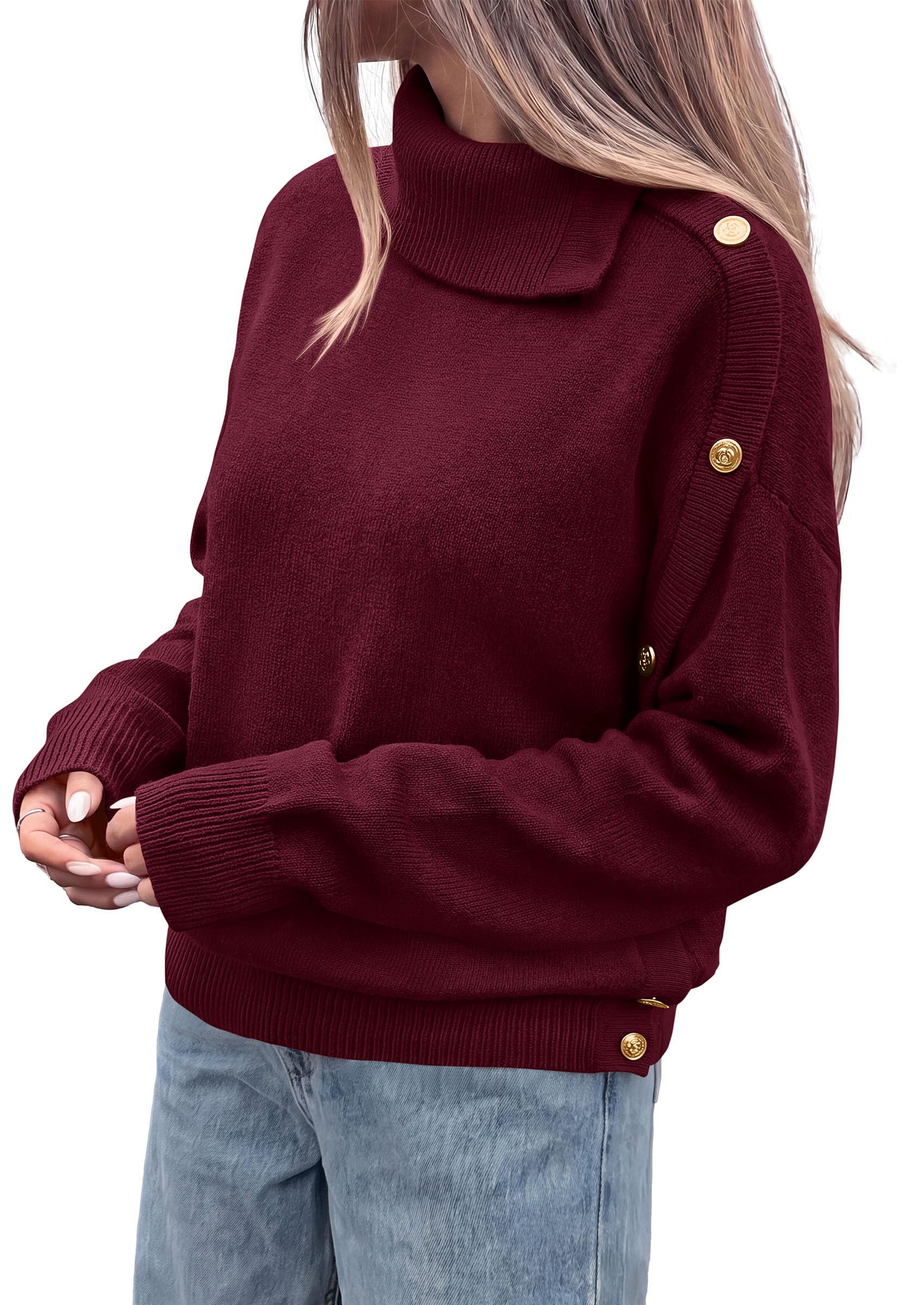 Womens Turtleneck Sweater Pullover Side Button Fall Clothes