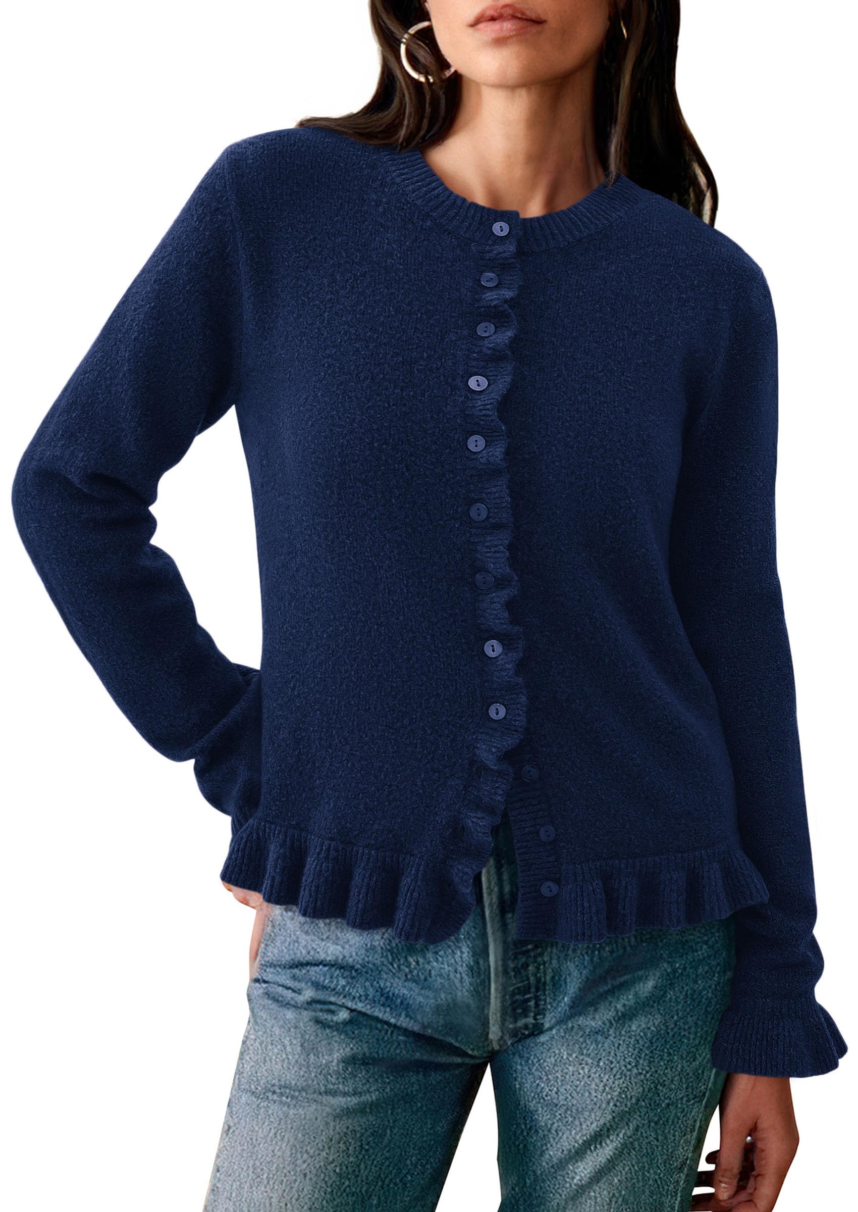 Womens Ruffle Button Down Cardigan Sweaters,Navy Blue,S