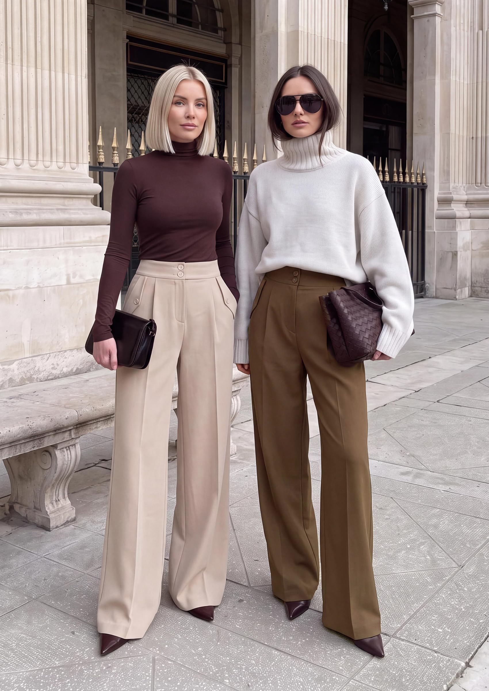 Women's Wide Leg Work Dress Pants Trousers (Brown,S)