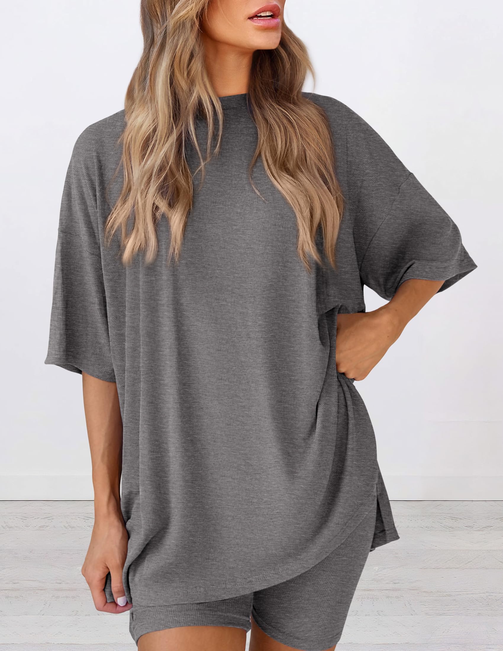 Women 2 Piece Lounge Set Airport Travel Outfit, Dark Grey,S