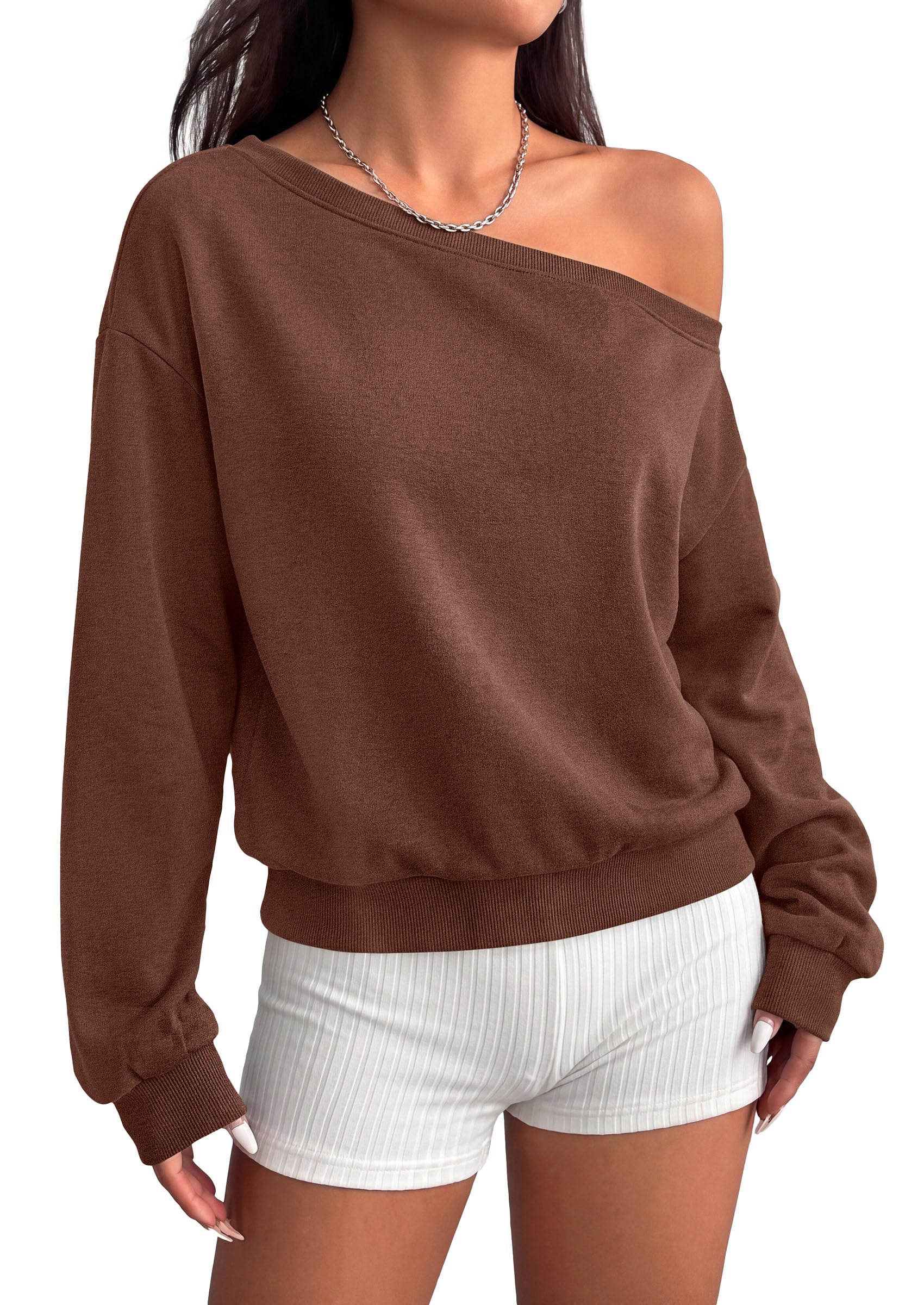 Womens Off The Shoulder Sweatshirt Fall Long Sleeve Tops Brown