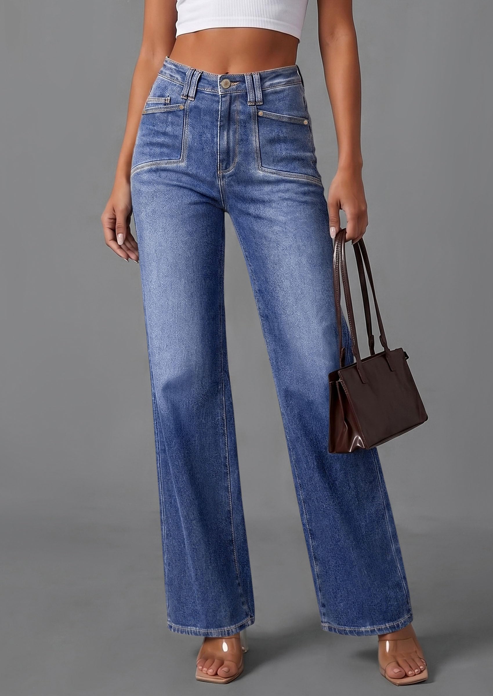 High Waisted Wide Leg Jeans for Women 2026 Trendy,Dark Blue,10