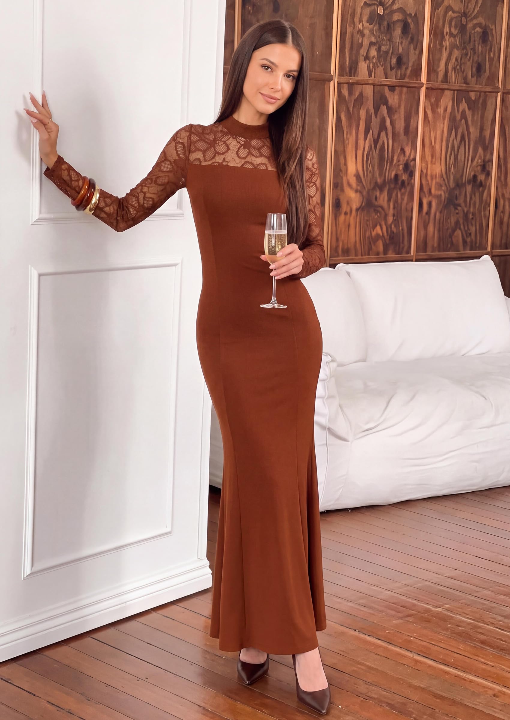Women's Fall Lace Sheer Dress Bodycon Maxi Cocktail Dresses