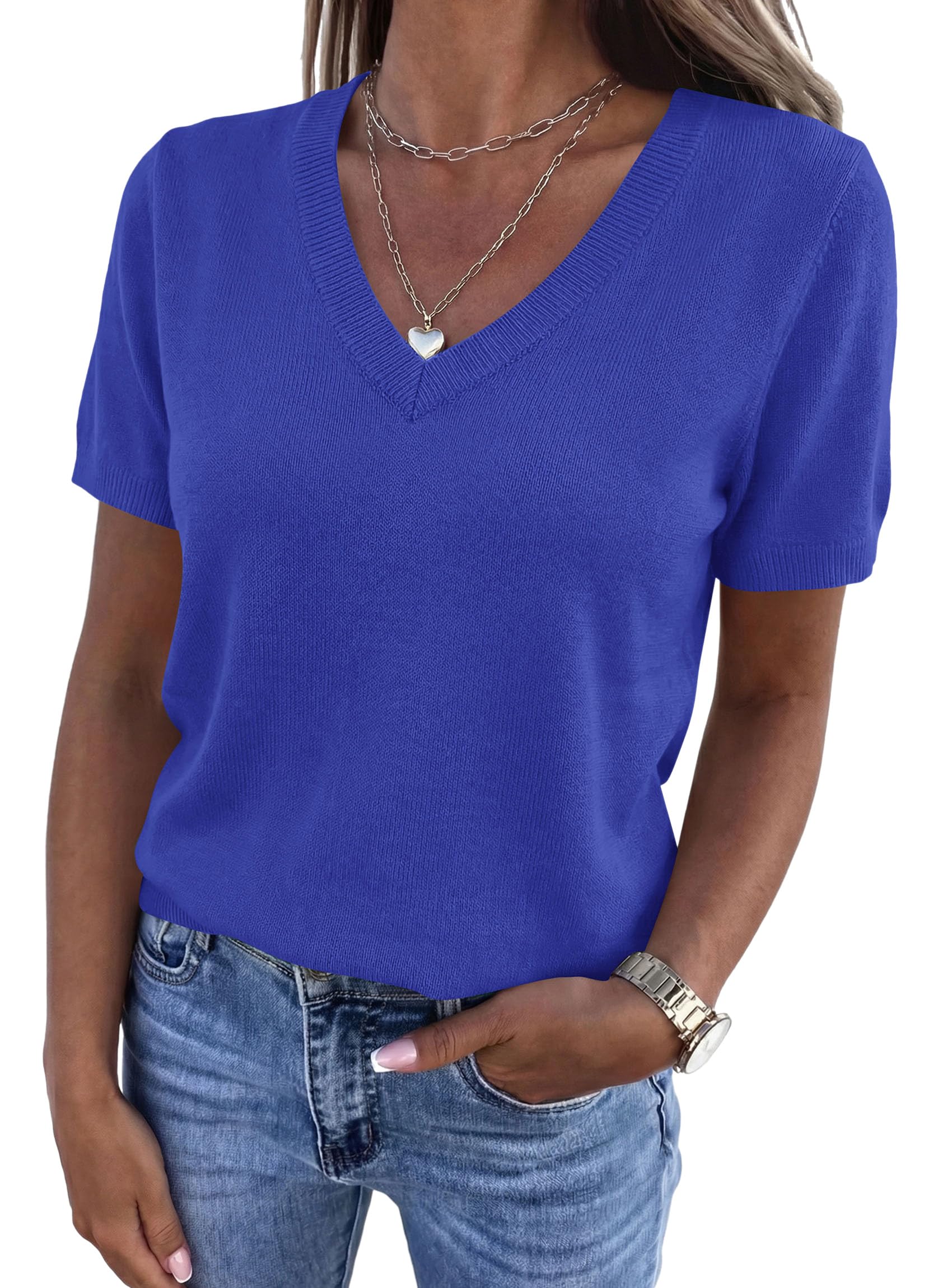 Womens Short Sleeve Sweater V Neck Tops,Royal Blue,S
