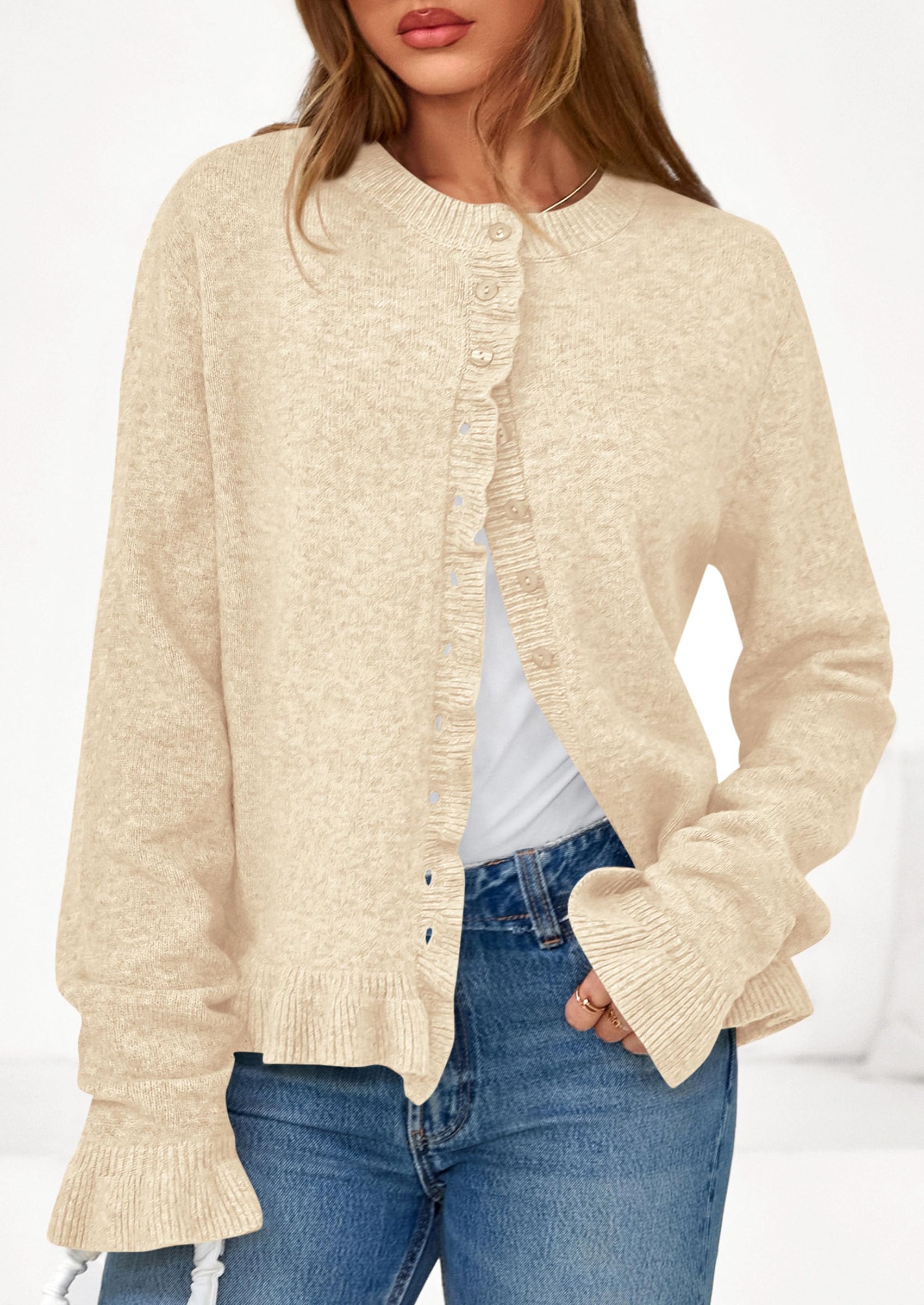 Womens Ruffle Button Down Cardigan Sweaters,Beige,S