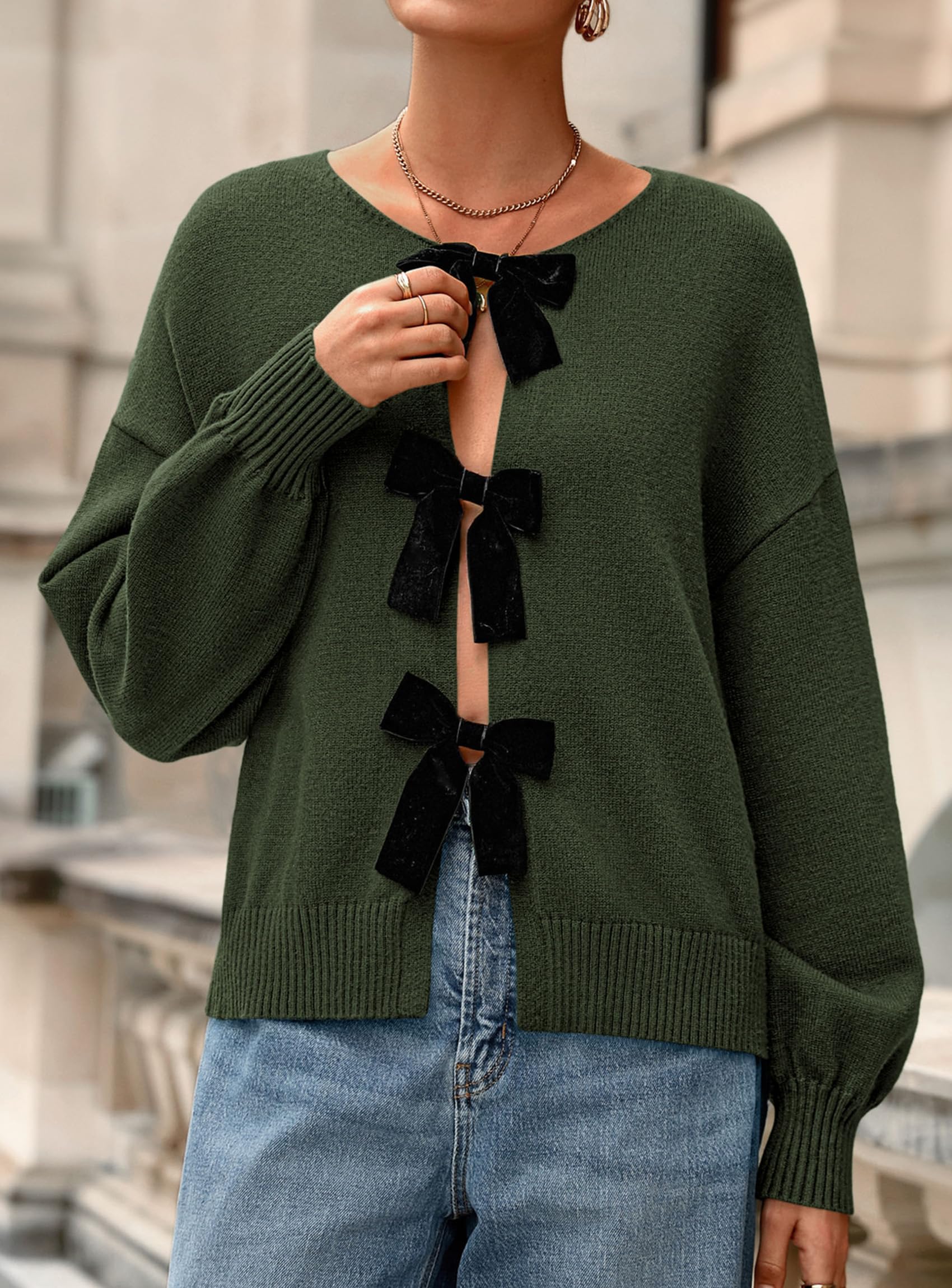 Women's Fall Bow Tie Front Cardigan Sweaters,Army Green,S