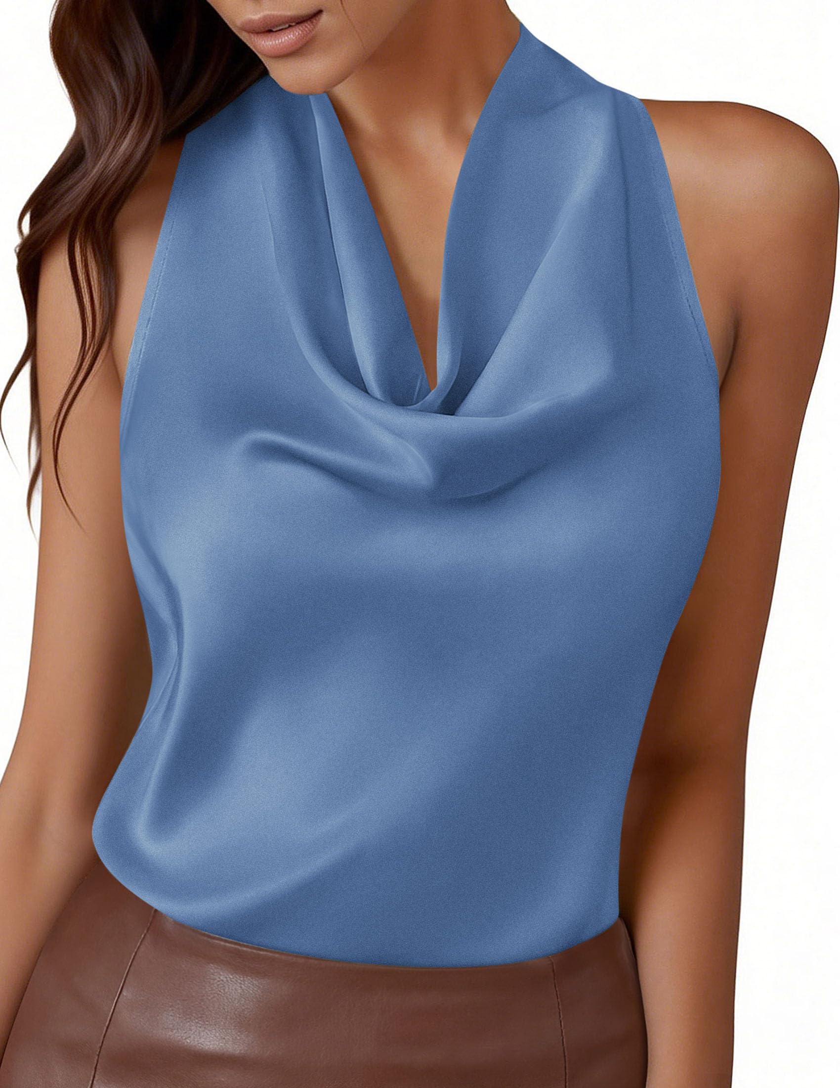 Satin Halter Tops for Women Dressy Casual Blue,XS