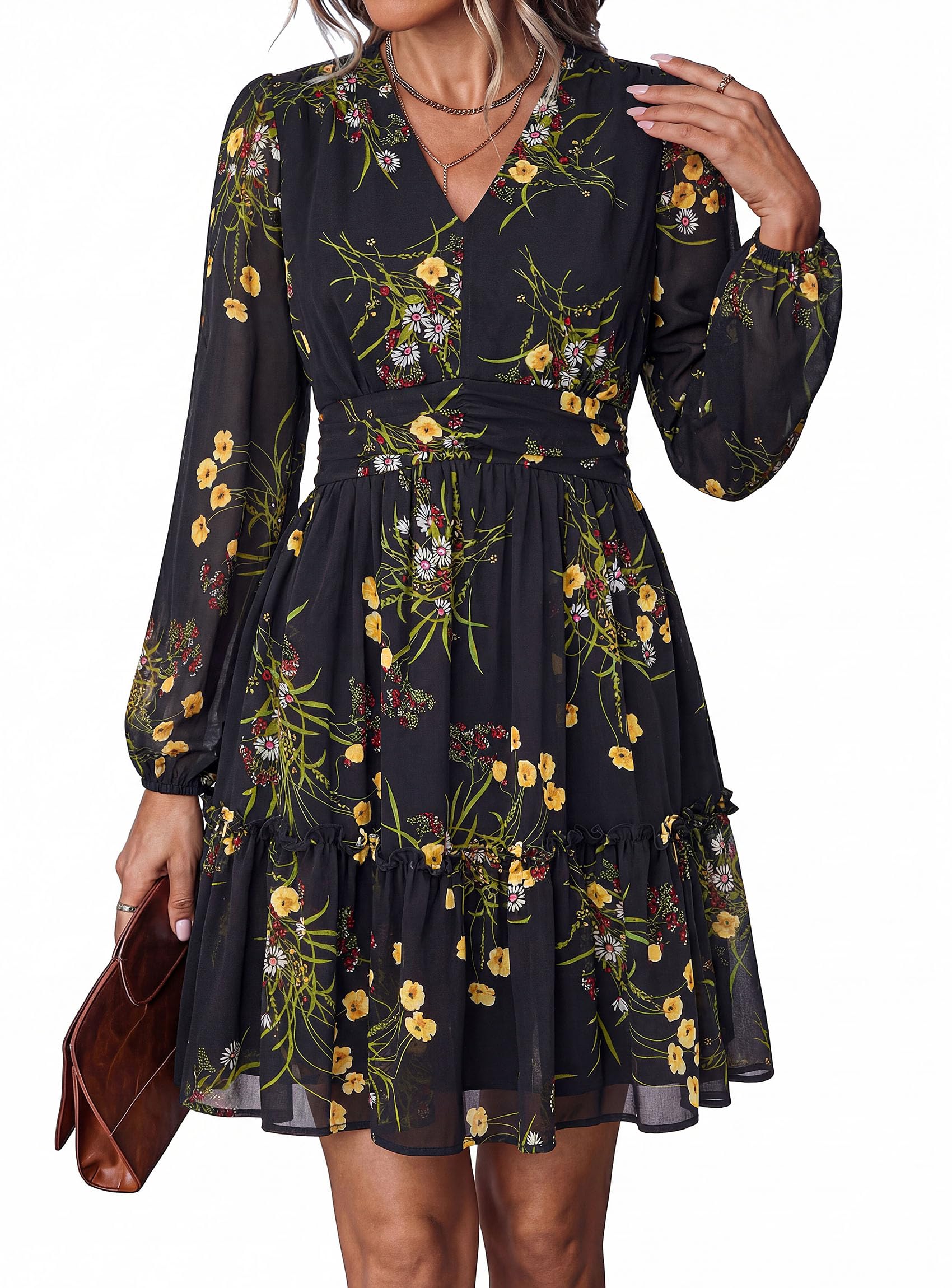Women Floral Long Sleeve Mini Dress Fall Wedding Guest Dresses