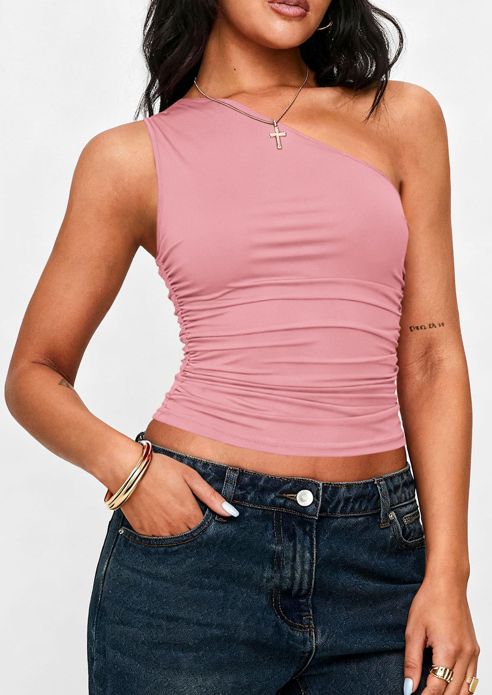 Womens Sleeveless One Shoulder Fitted Y2k Tops,Pink,XS