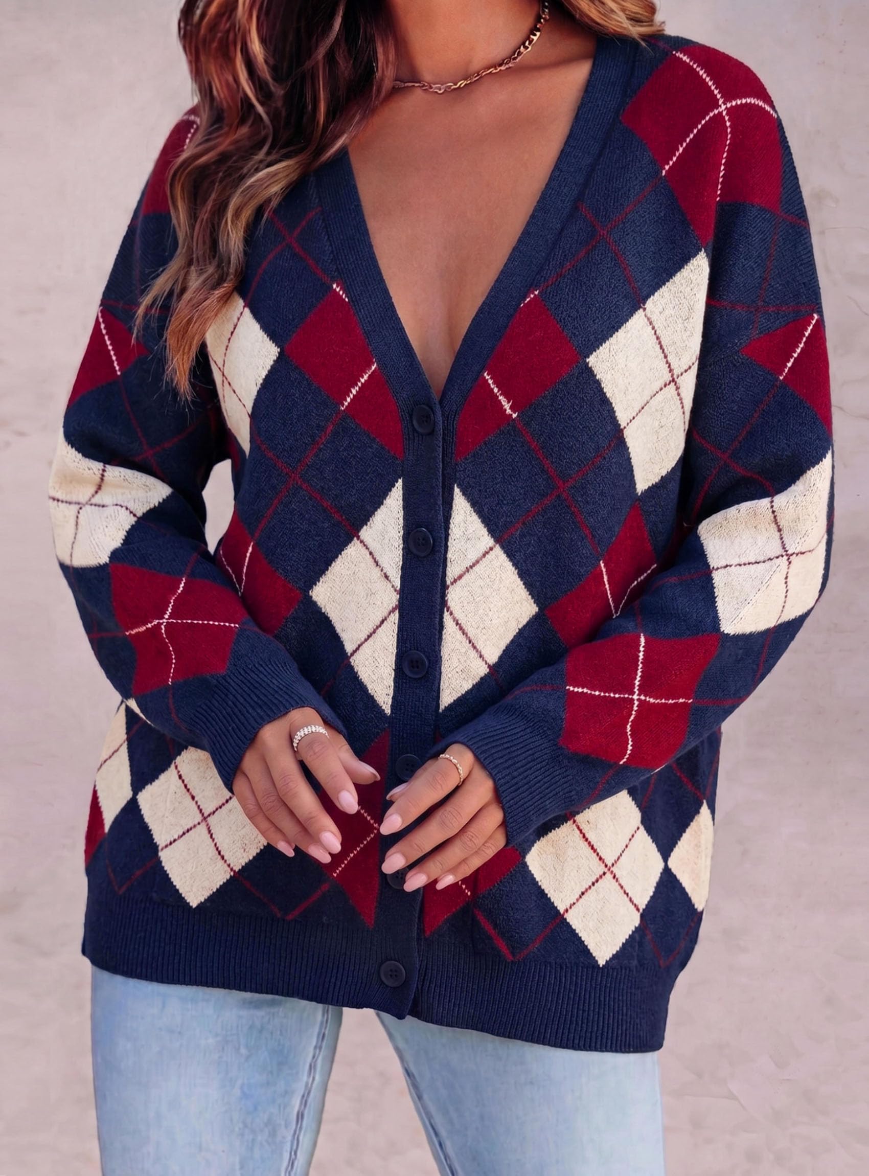 Women's Cardigan Argyle Winter Sweaters (Plaid Navy Blue,S)