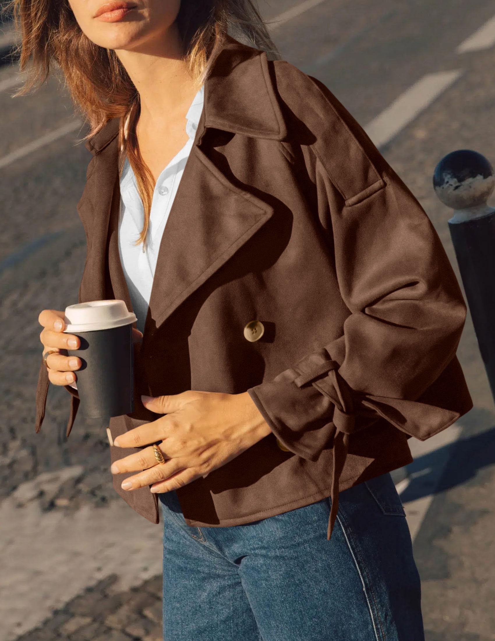 Women Faux Suede Double Breasted Trench Coat Cropped Jackets