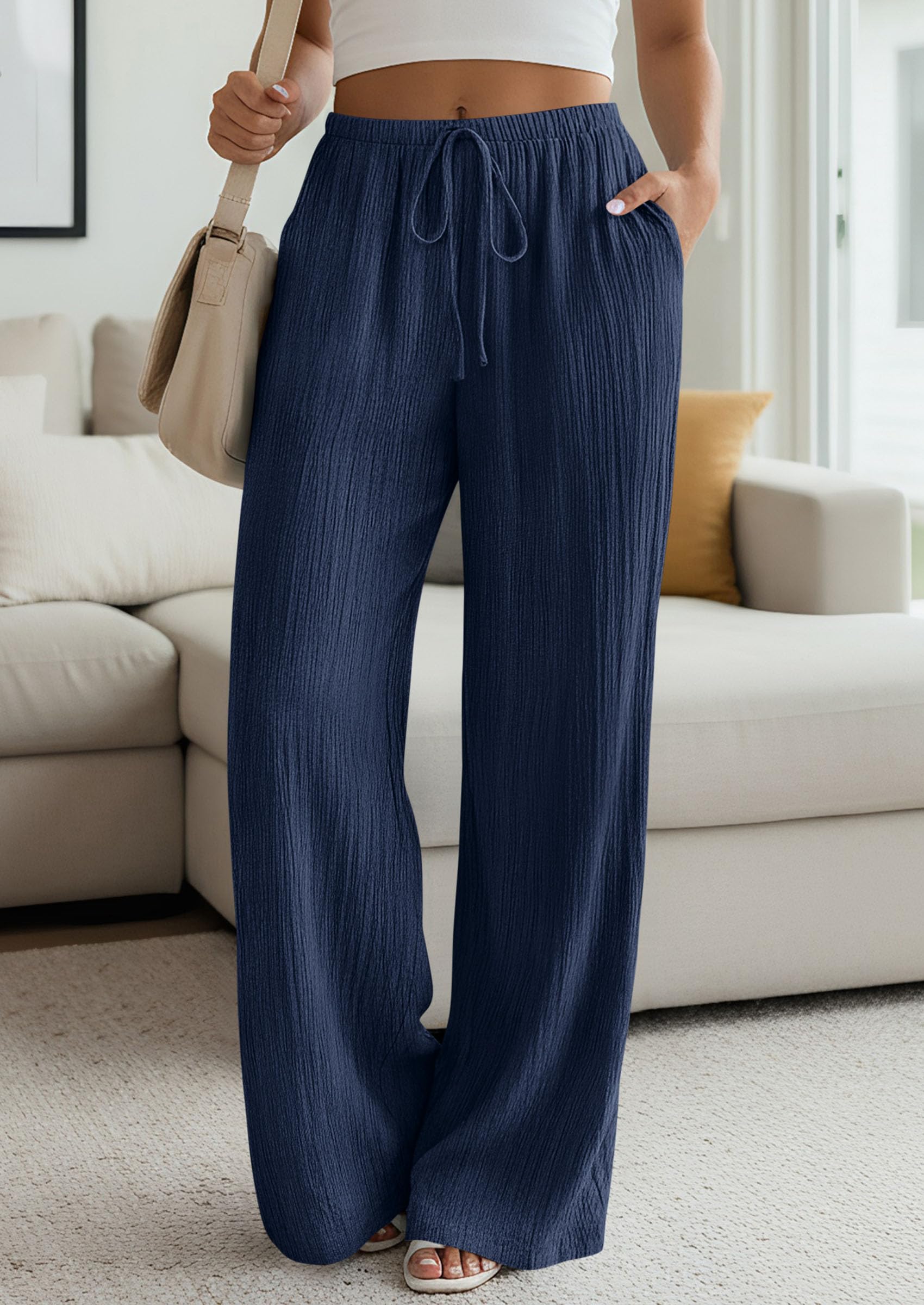 Women's Palazzo Pants Casual Wide Leg Trousers,Navy Blue,S