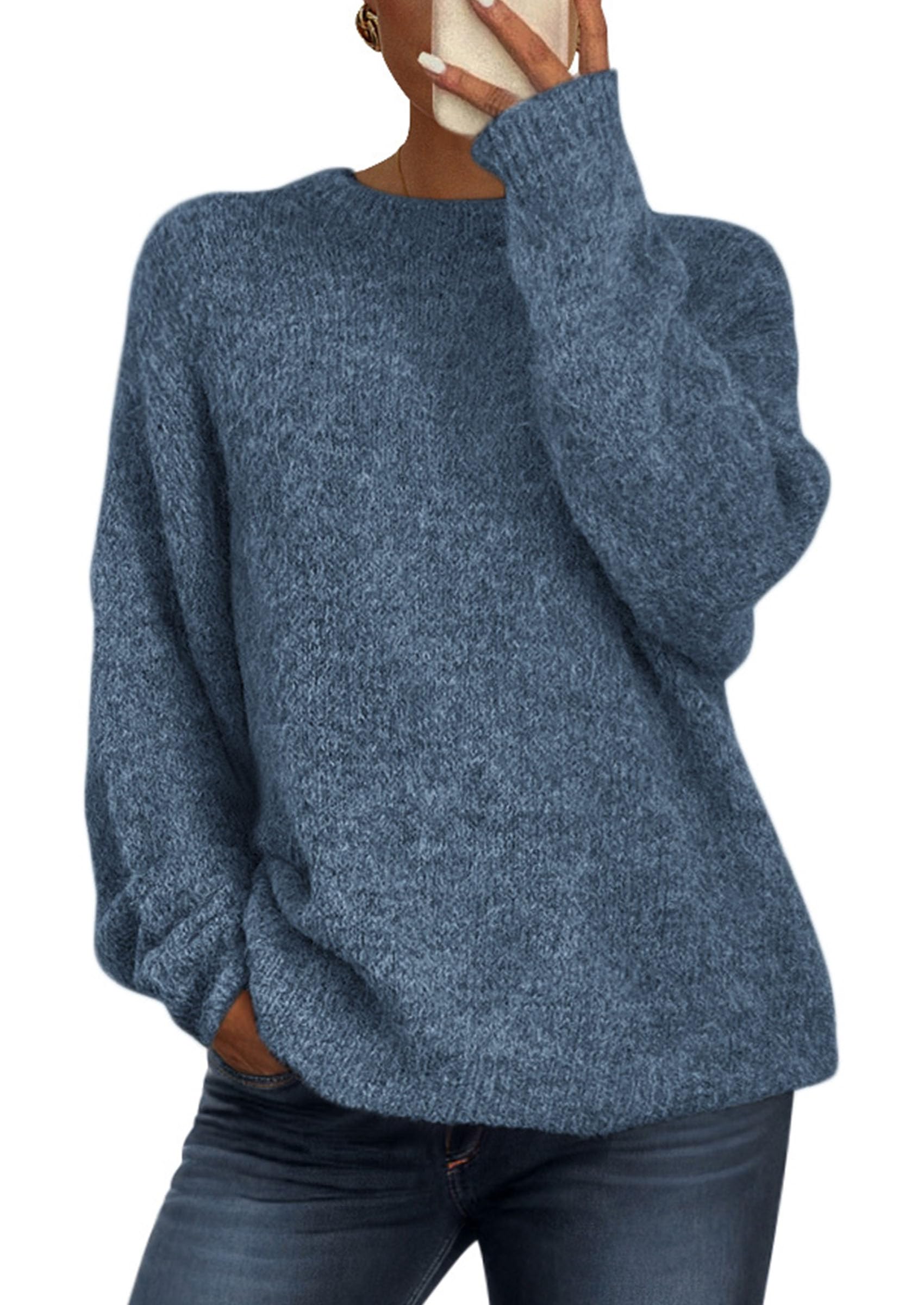 Womens Long Sleeve Oversized Pullover Sweater,Denim Blue,S