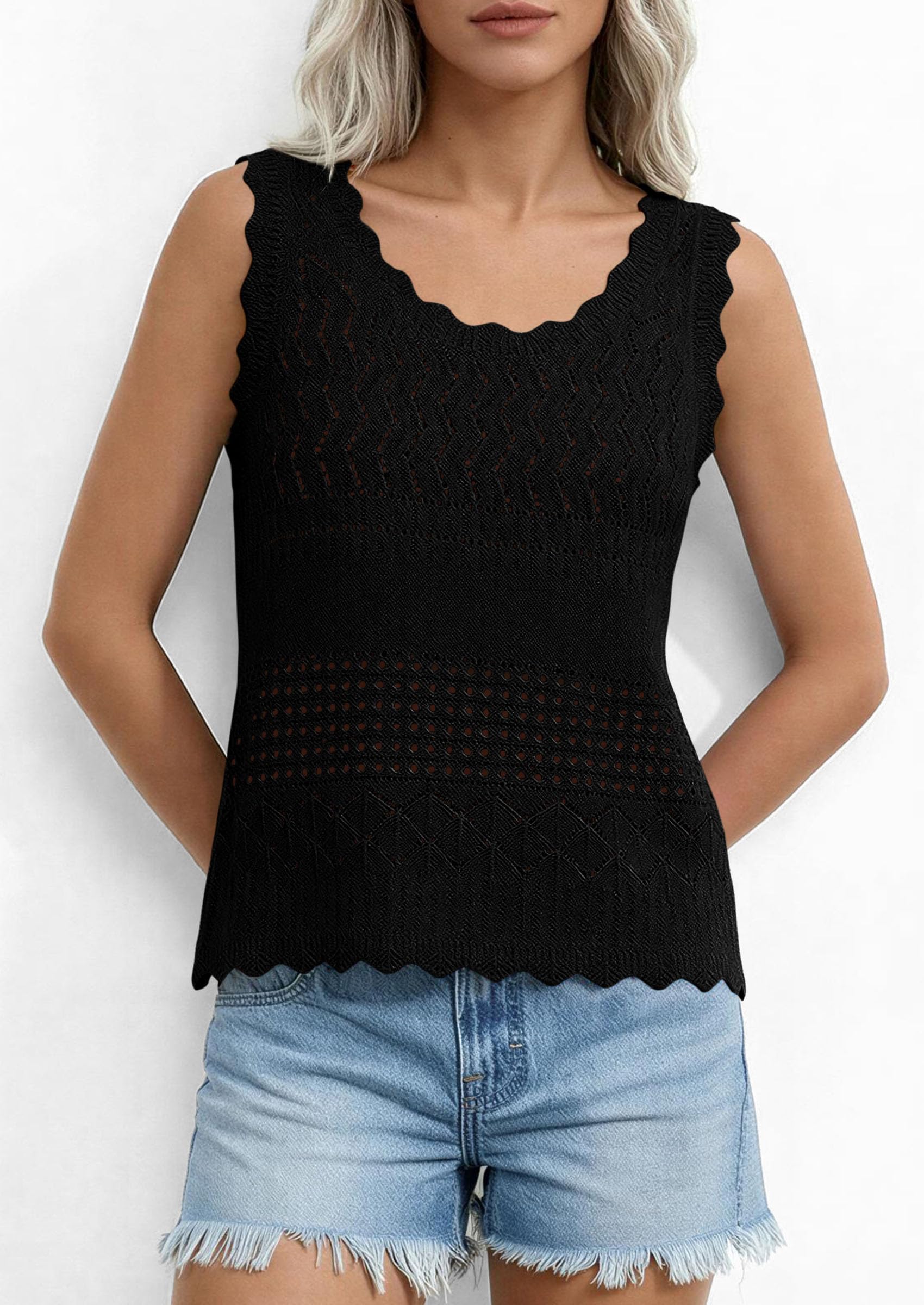 Womens Crochet Tank Tops Knit Sleeveless Vest,Black,S