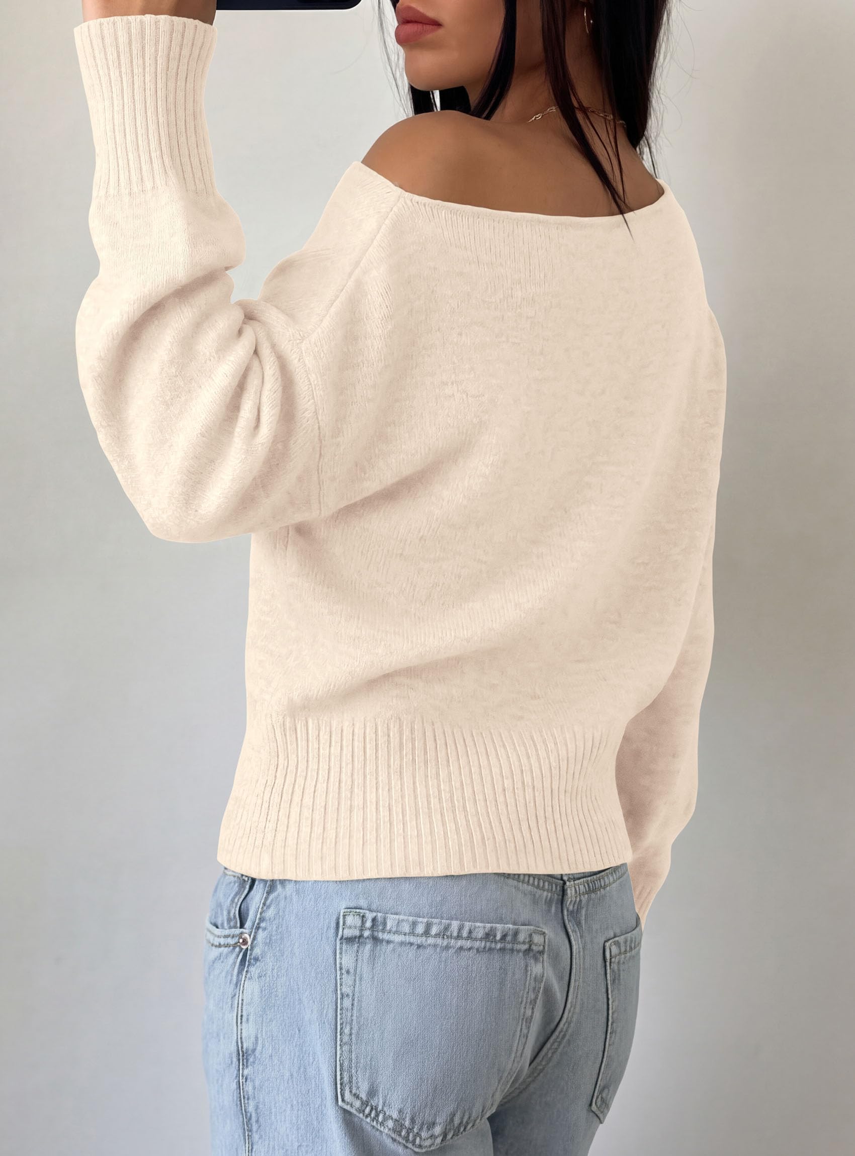 Womens Off The Shoulder Sweater Fall Fashion,Beige,S