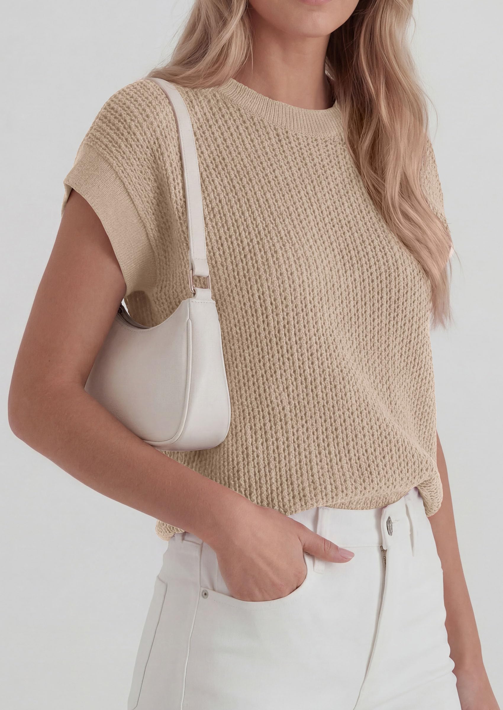 Women's Summer Sweater Vest Crochet Tops (Khaki,S)