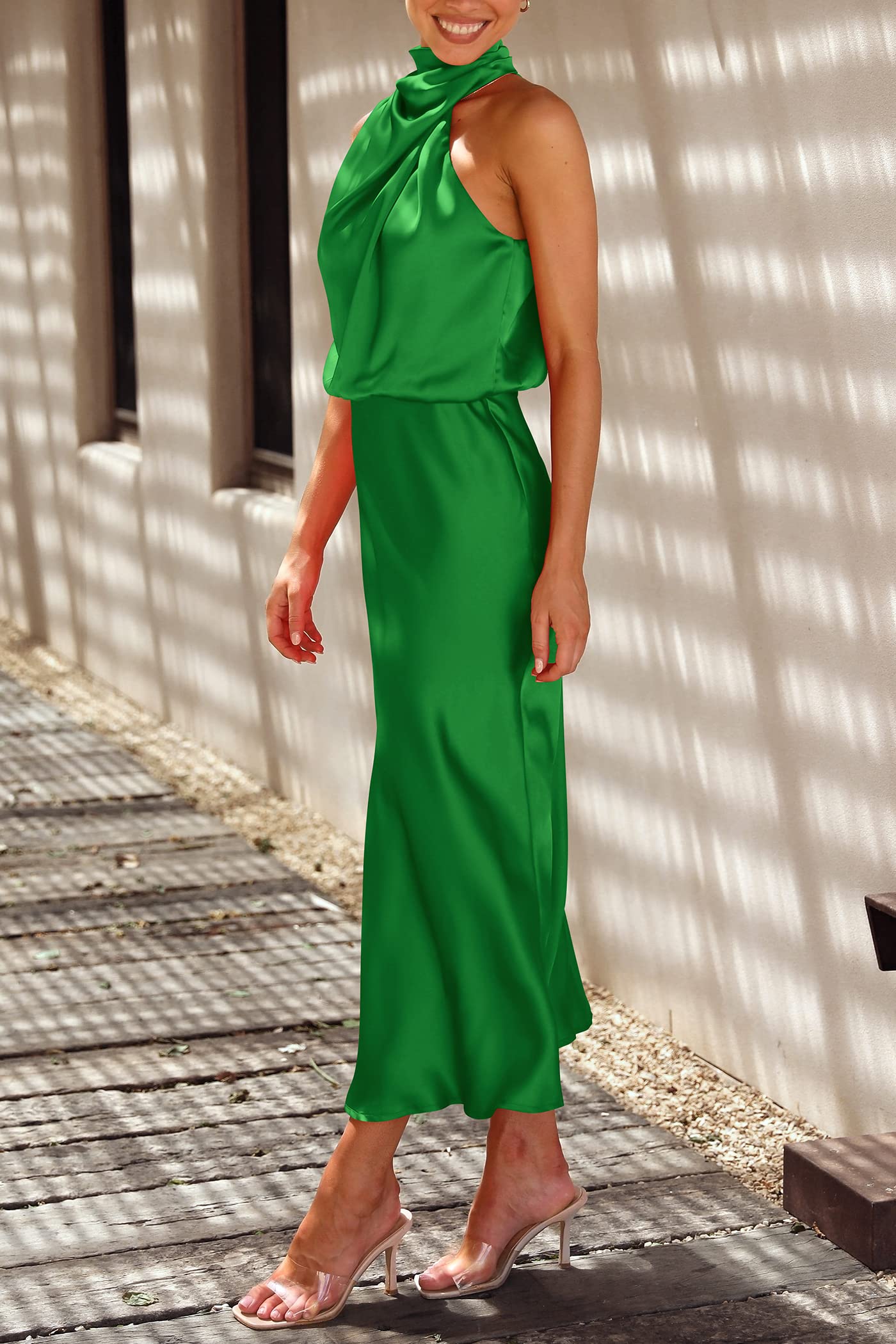 Women's Summer Satin Maxi Cocktail Dress Bright Green