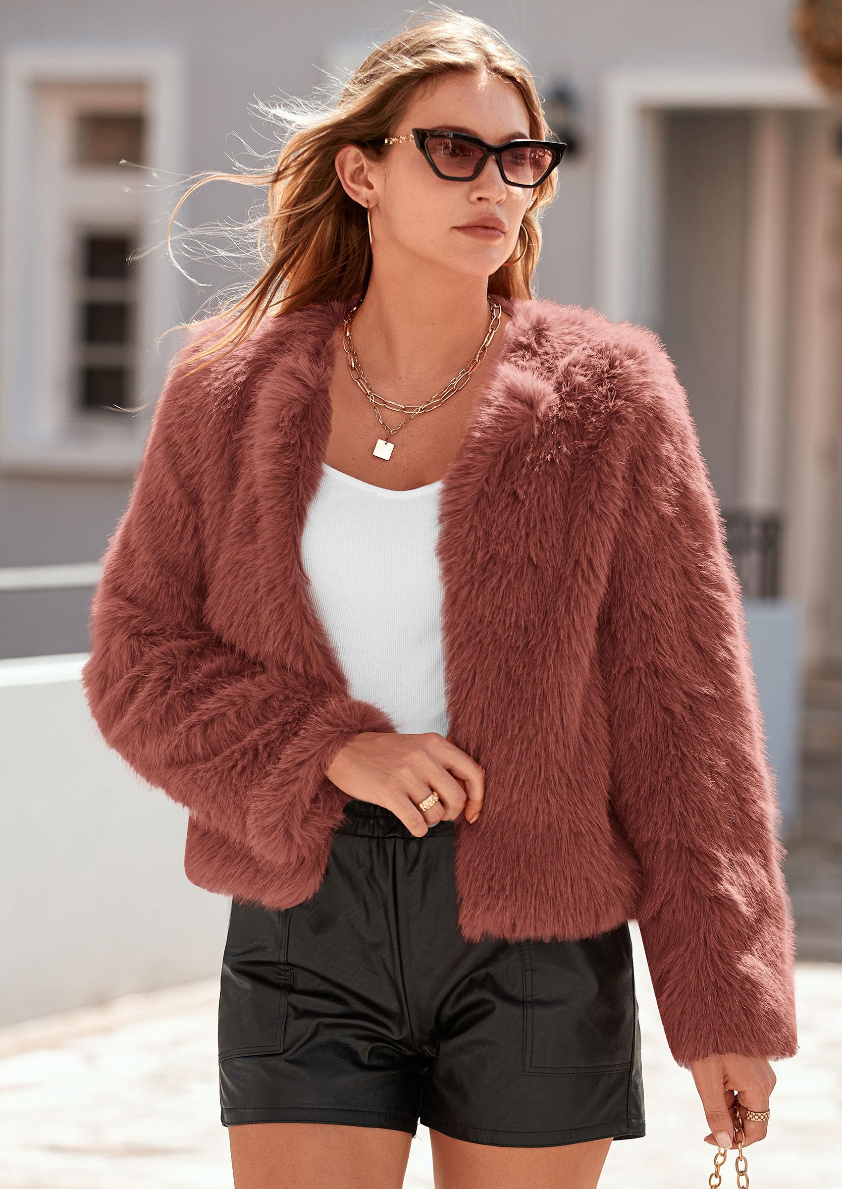 Women's Winter Cropped Faux Fur Coats(Rust Red,Small)