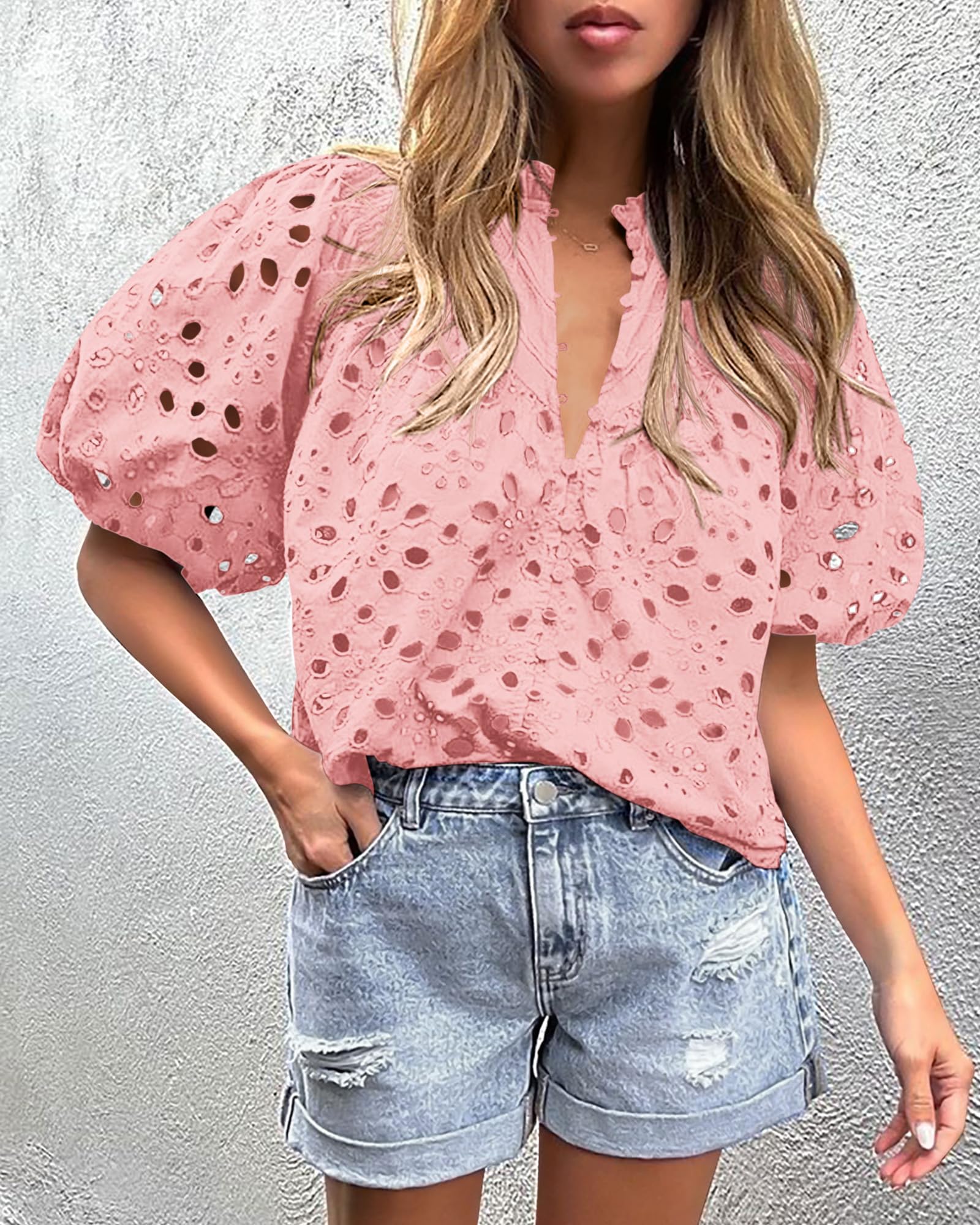 Womens Tops Boho Eyelet Puff Sleeve Blouse, Pink,S
