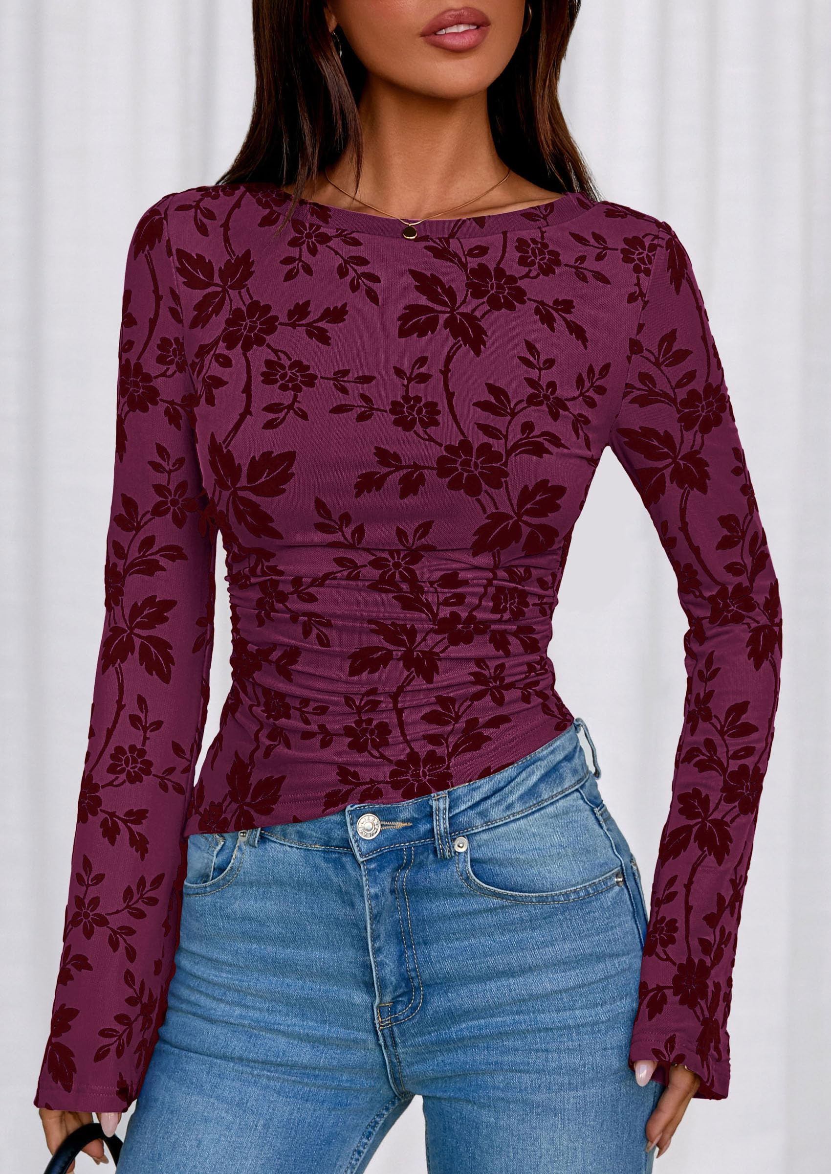 Women's Long Bell Sleeve Y2K Tops Boho Floral Mesh Blouses