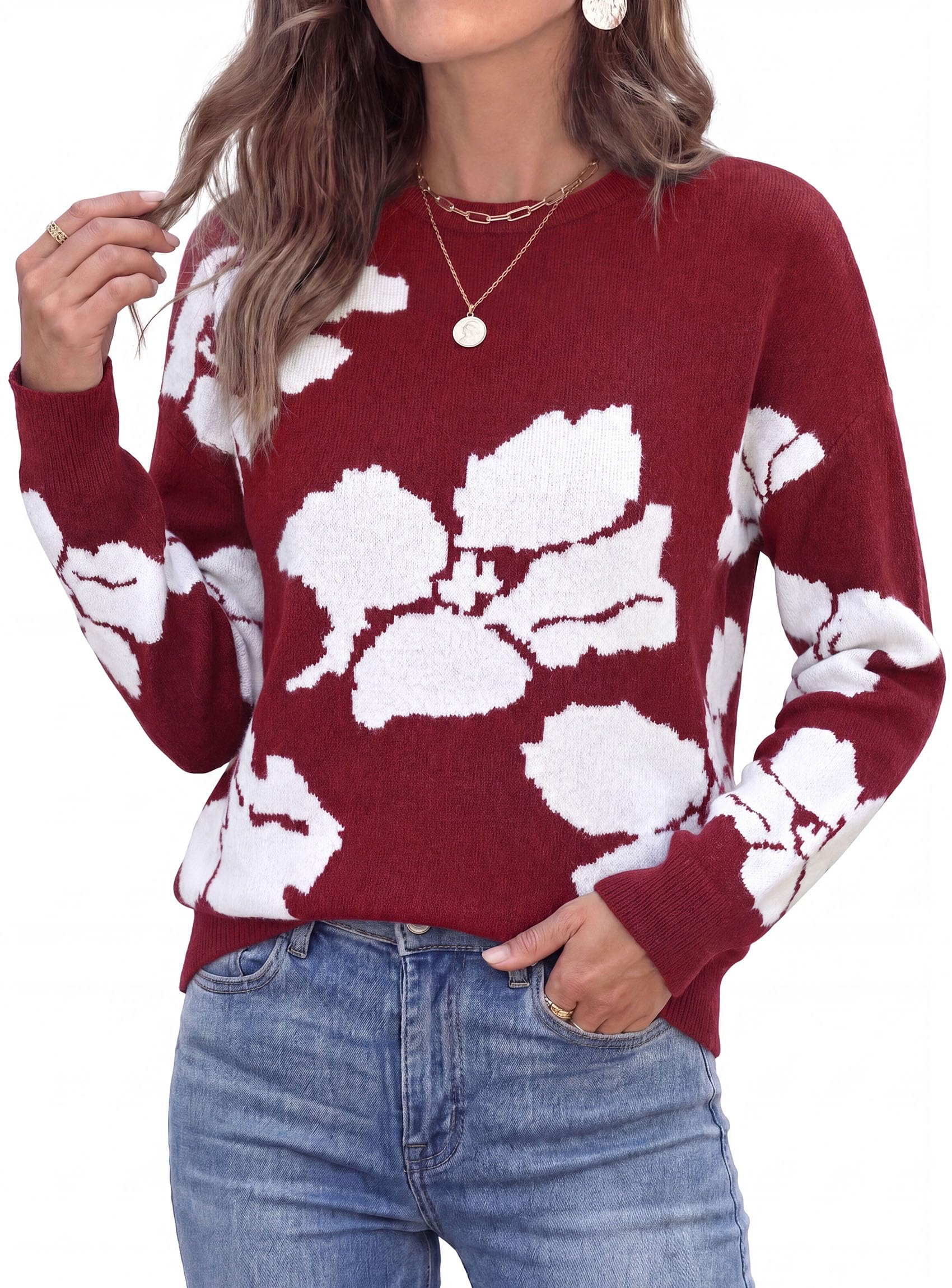 Womens Floral Sweater Crewneck Printed Pullover Tops Wine Red