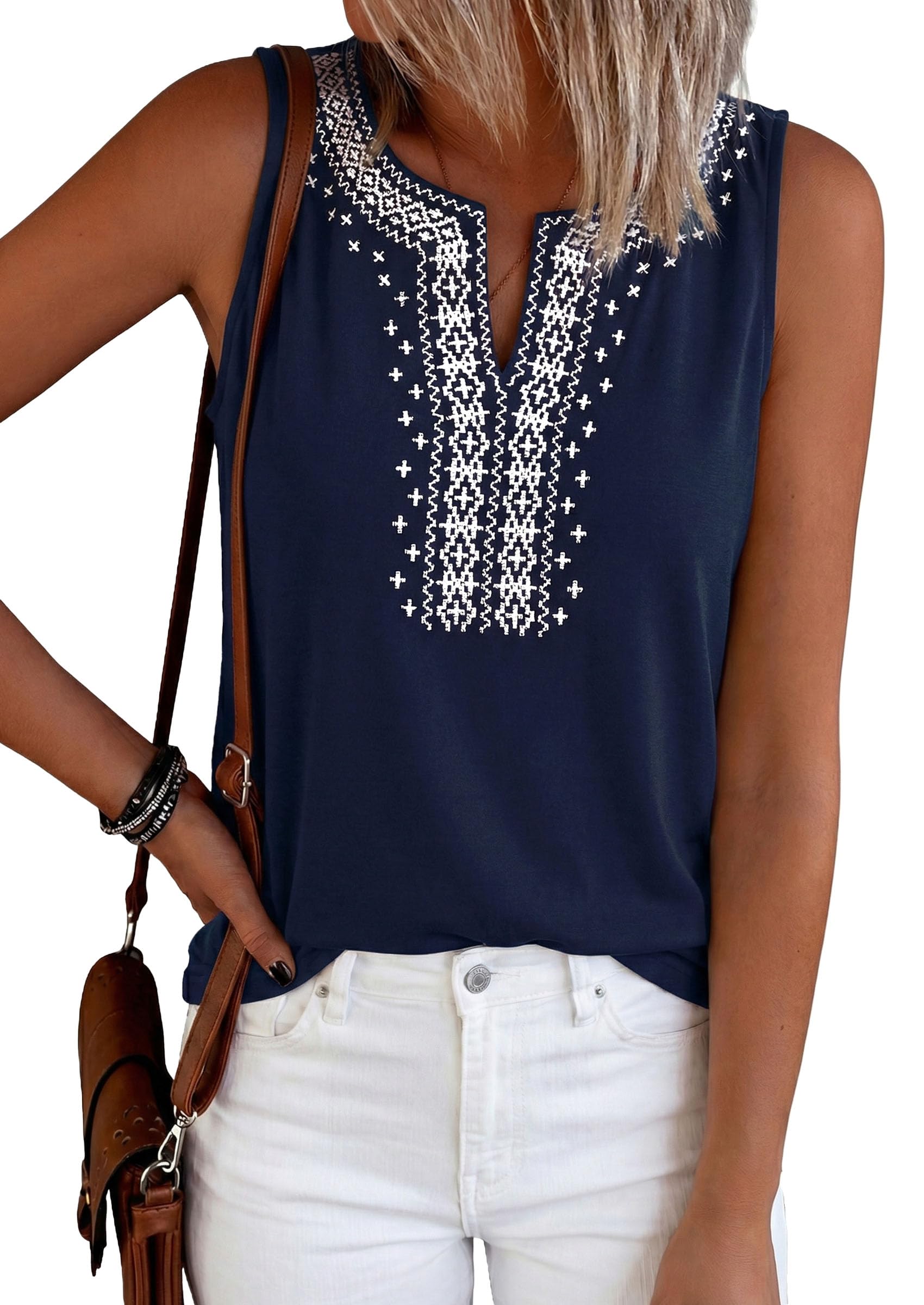 Womens Embroidered Sleeveless Tank Tops Navy,S