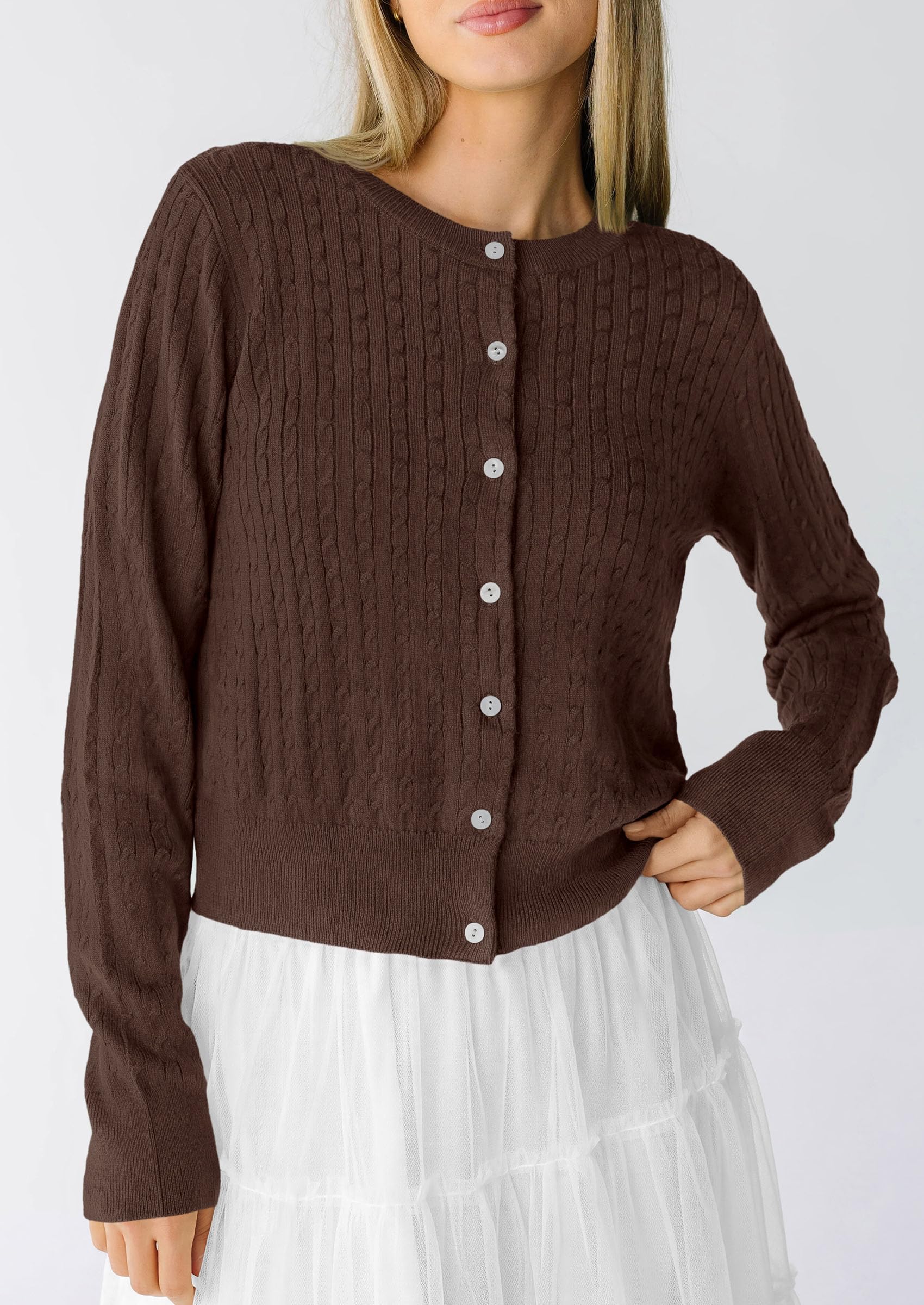 Women Fall Lightweight Cardigans Button Up Cable Knit Sweaters