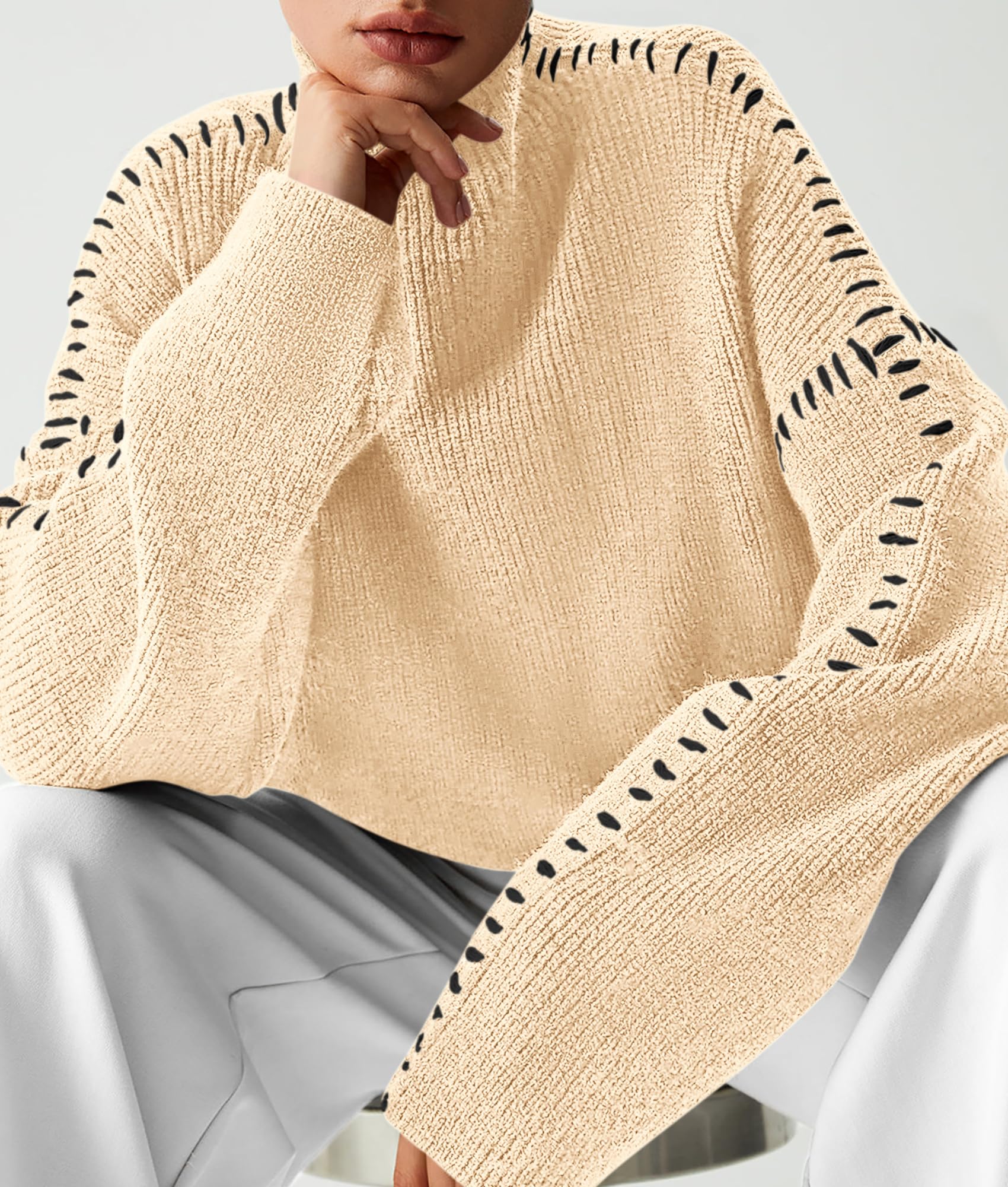 Womens Chunky Knit Oversized Pullover Sweaters,Beige,S