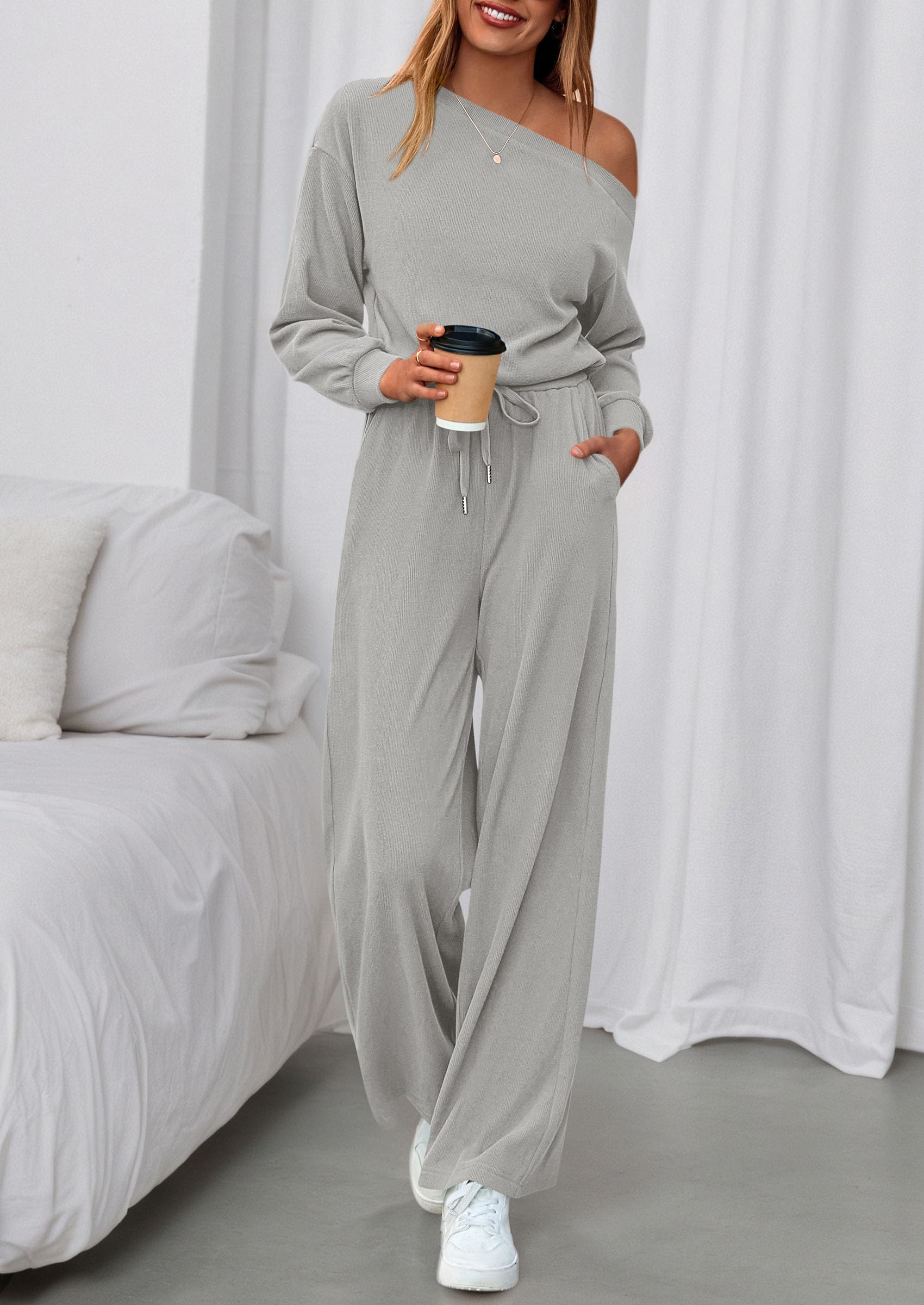 Womens Off Shoulder Long Sleeve Jumpsuit,Grey,S