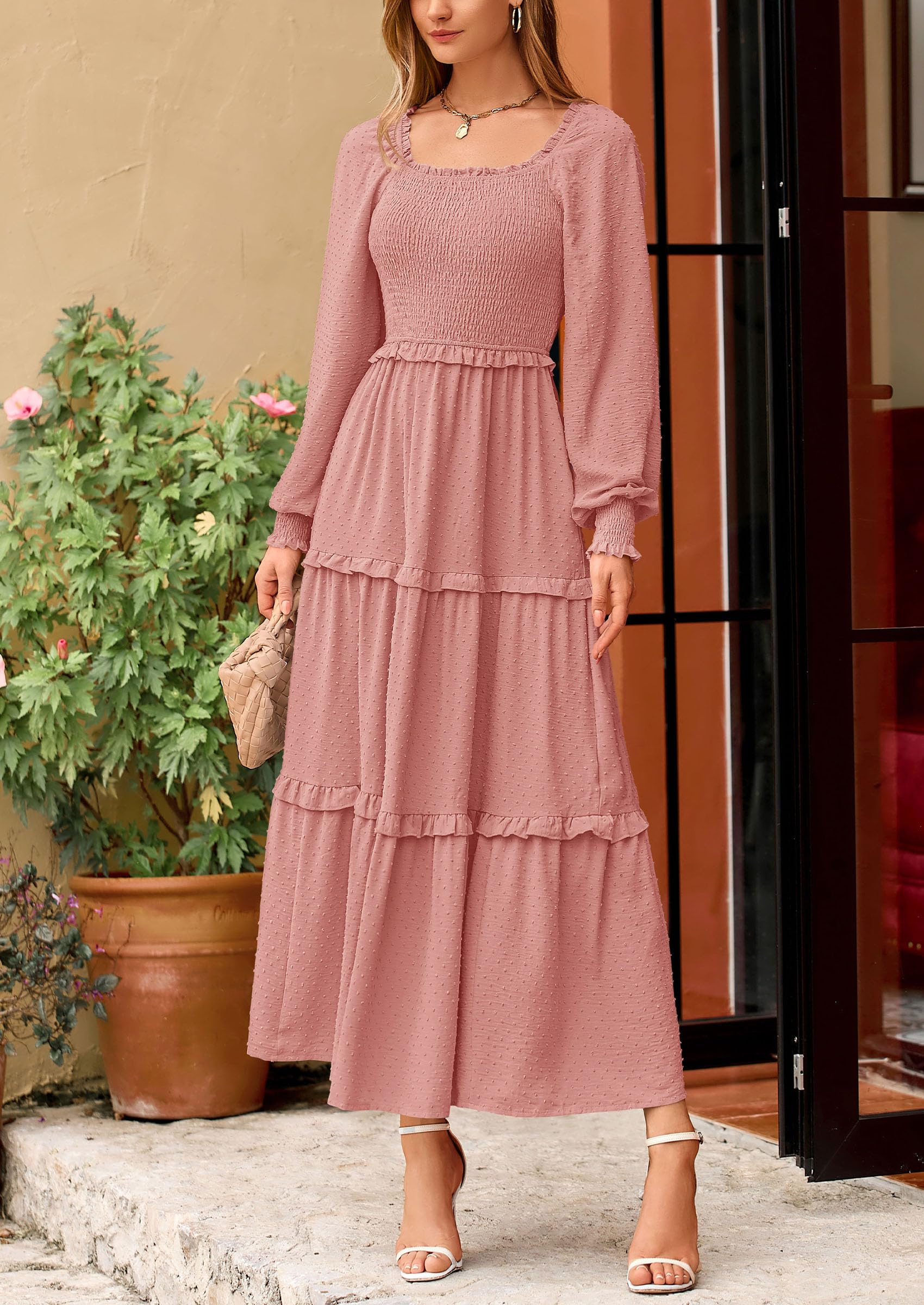 Women's Smocked Long Sleeve Maxi Dress Wedding Guest Dresses