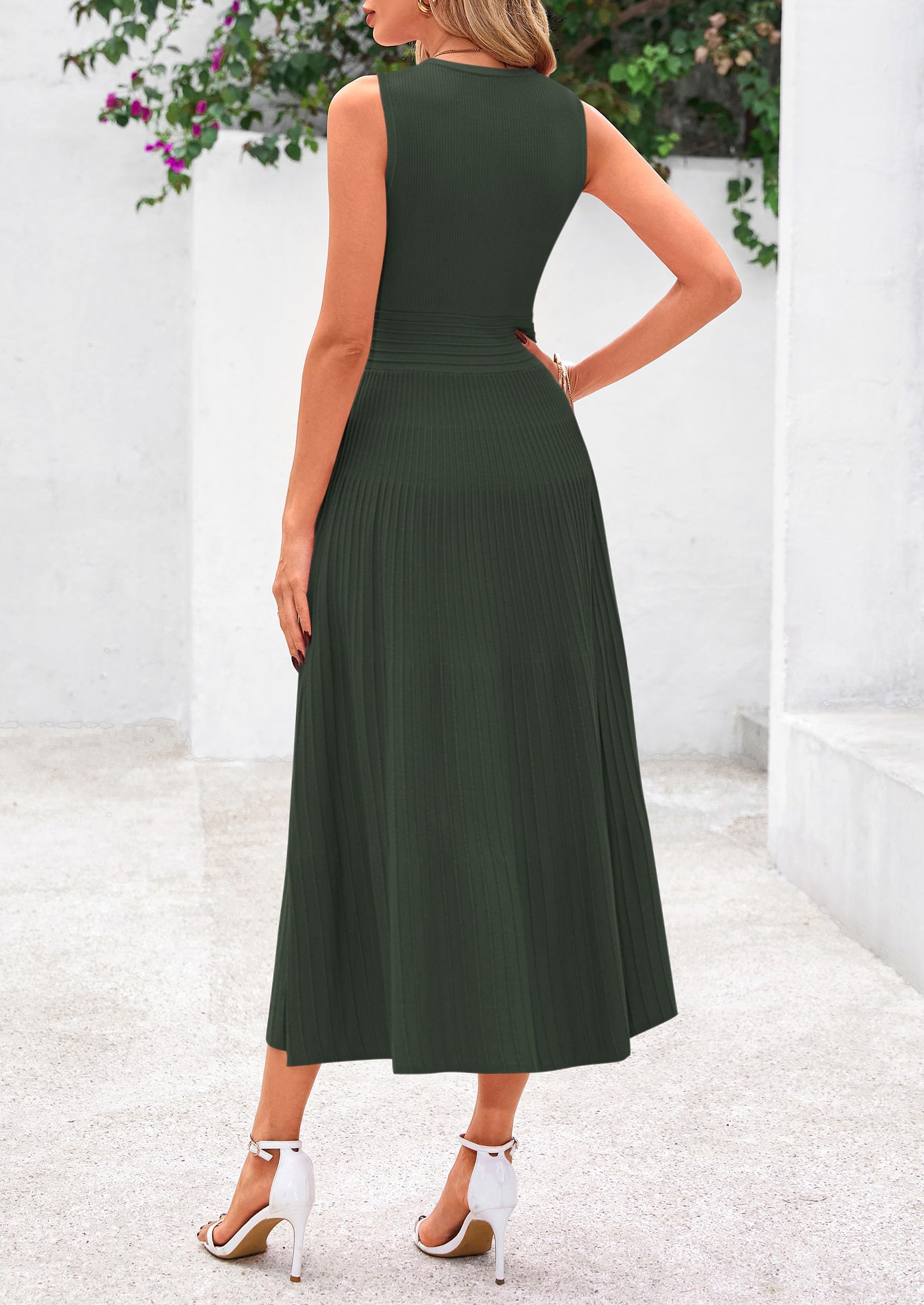 Women's Summer Pleated Midi Work Dress,Army Green,S
