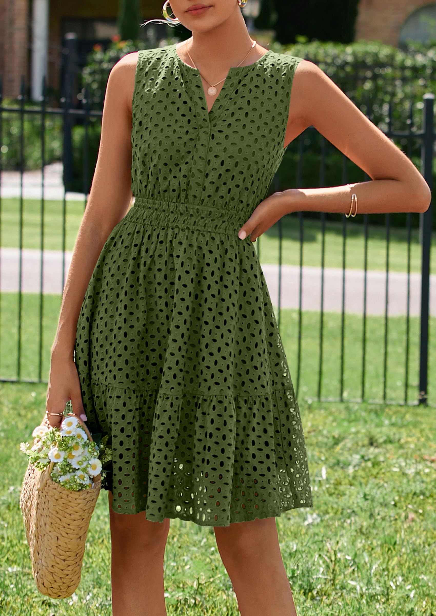 Women's Summer Eyelet A Line Short Dresses,Army Green,S