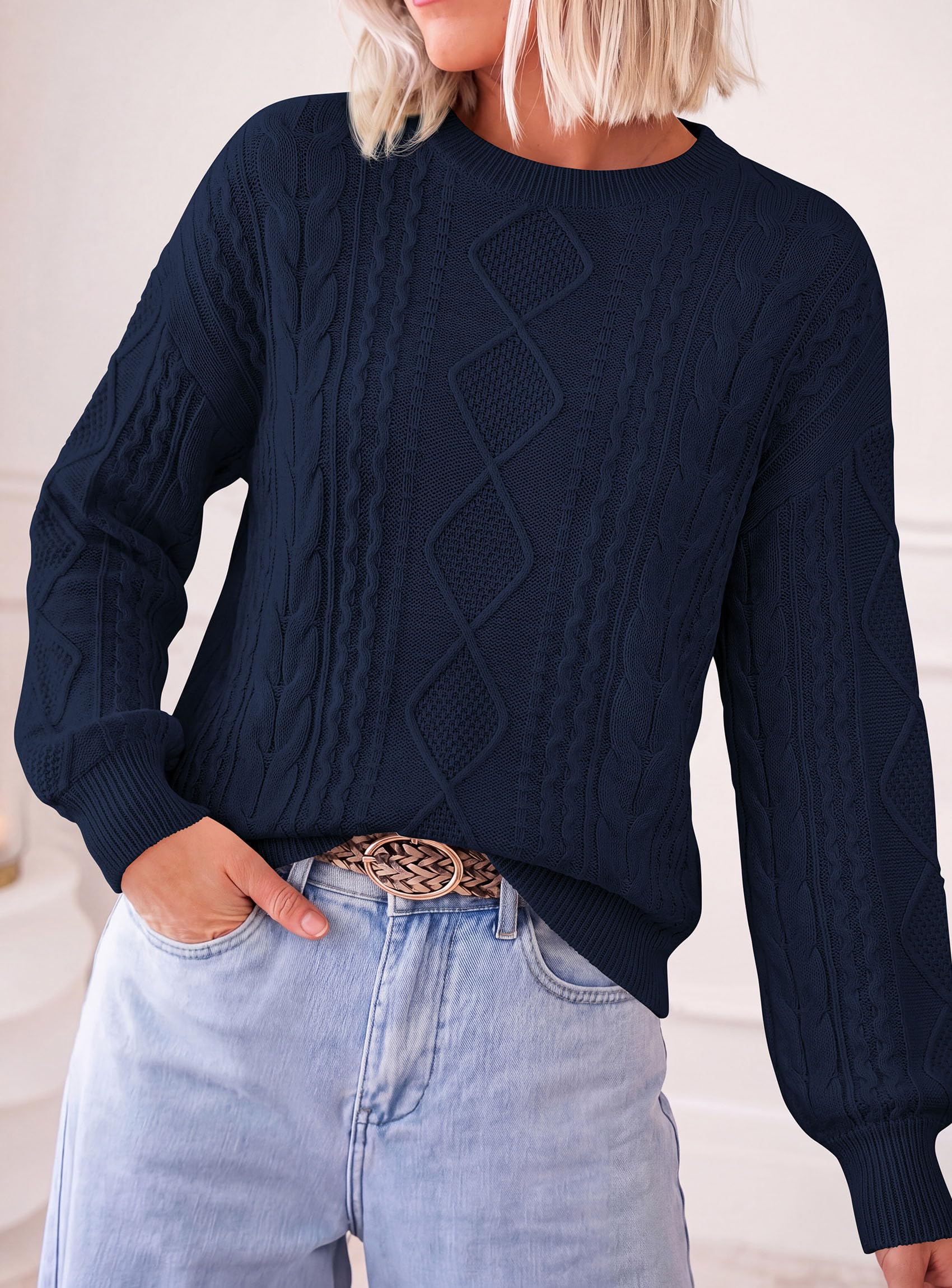 Women's Crewneck Cable Knit Sweater Pullover Tops Navy