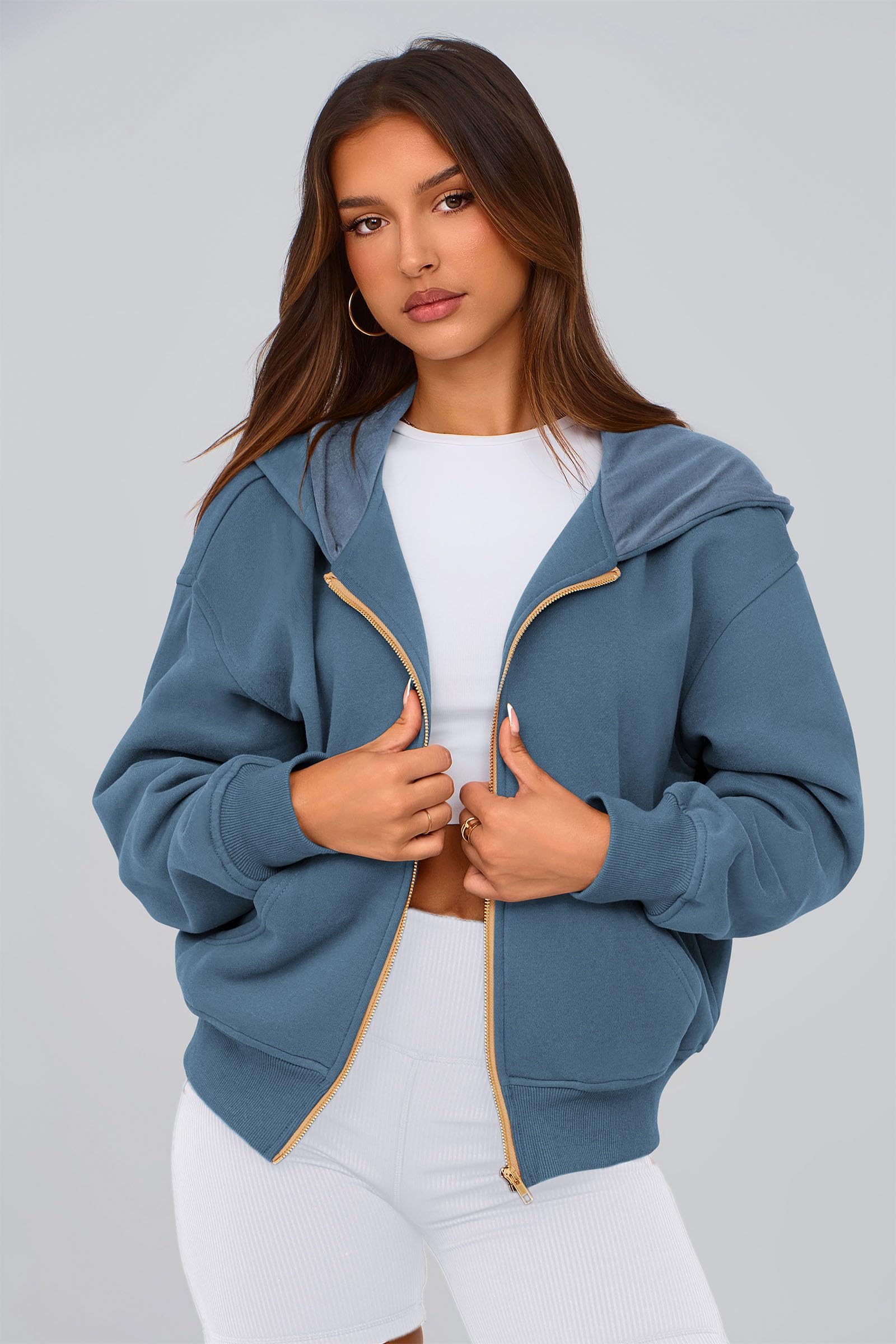 Hoodies for Women Fall Fashion Zip Up Fleece Plain Sweatshirt