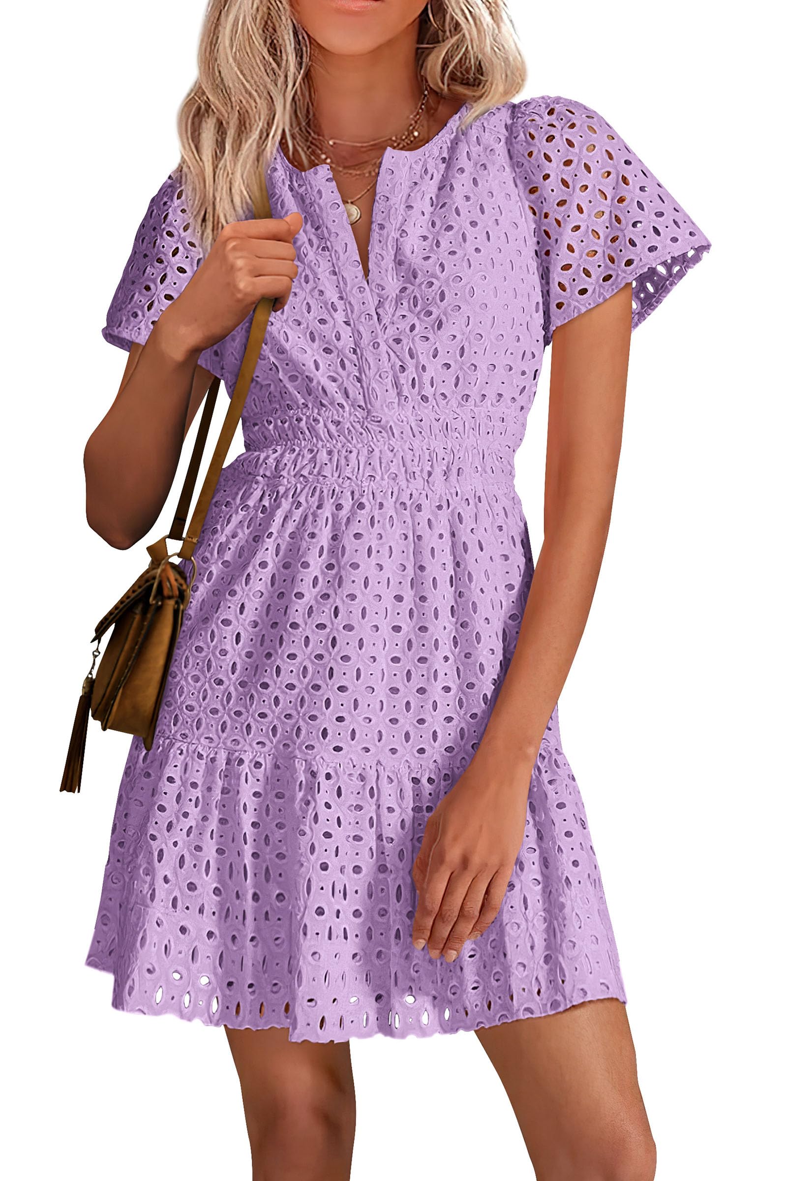 Women's Summer Eyelet Lace Short Dresses (Purple,S)