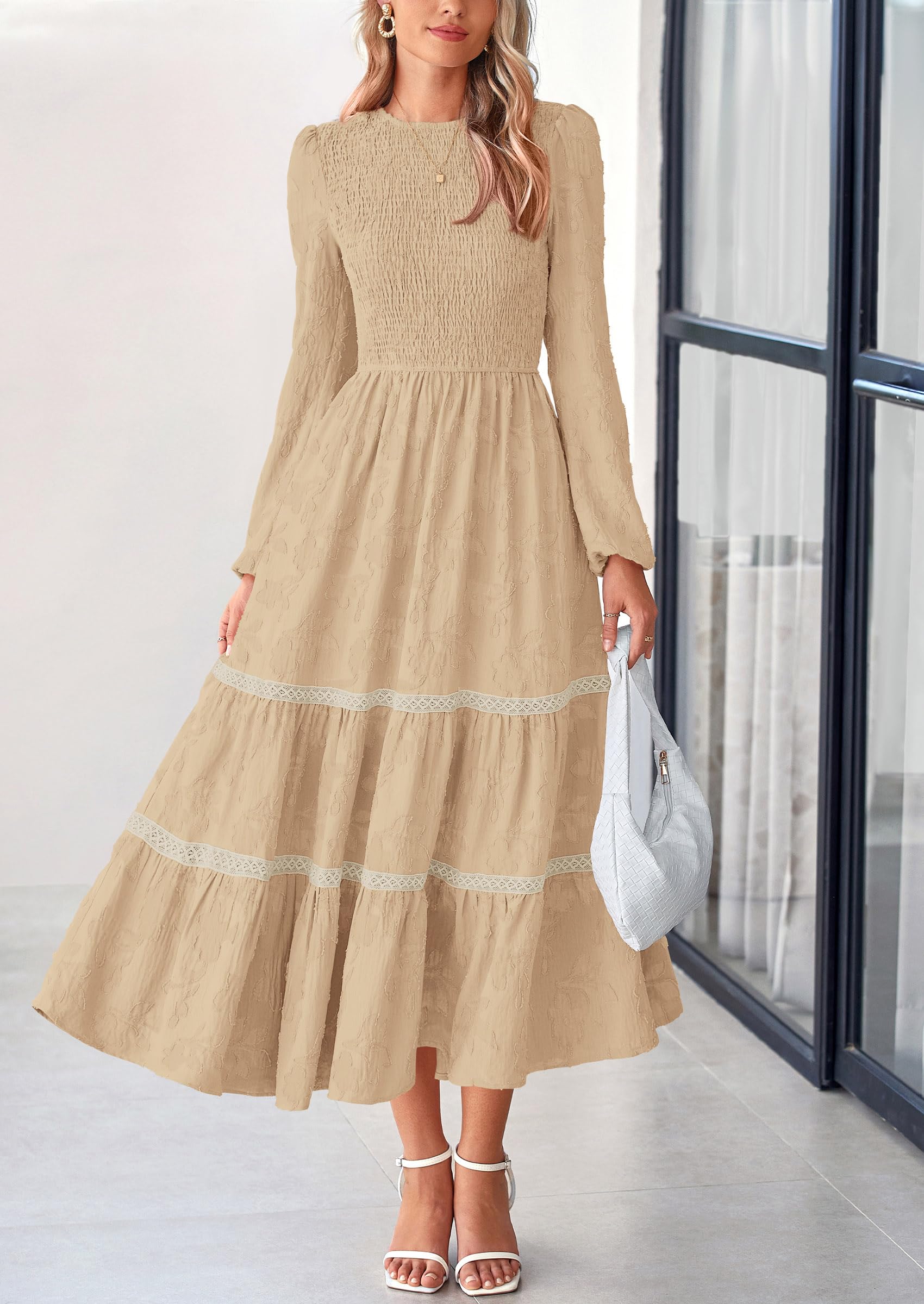 Women's Long Sleeve Boho Floral Midi Dress, Apricot,S