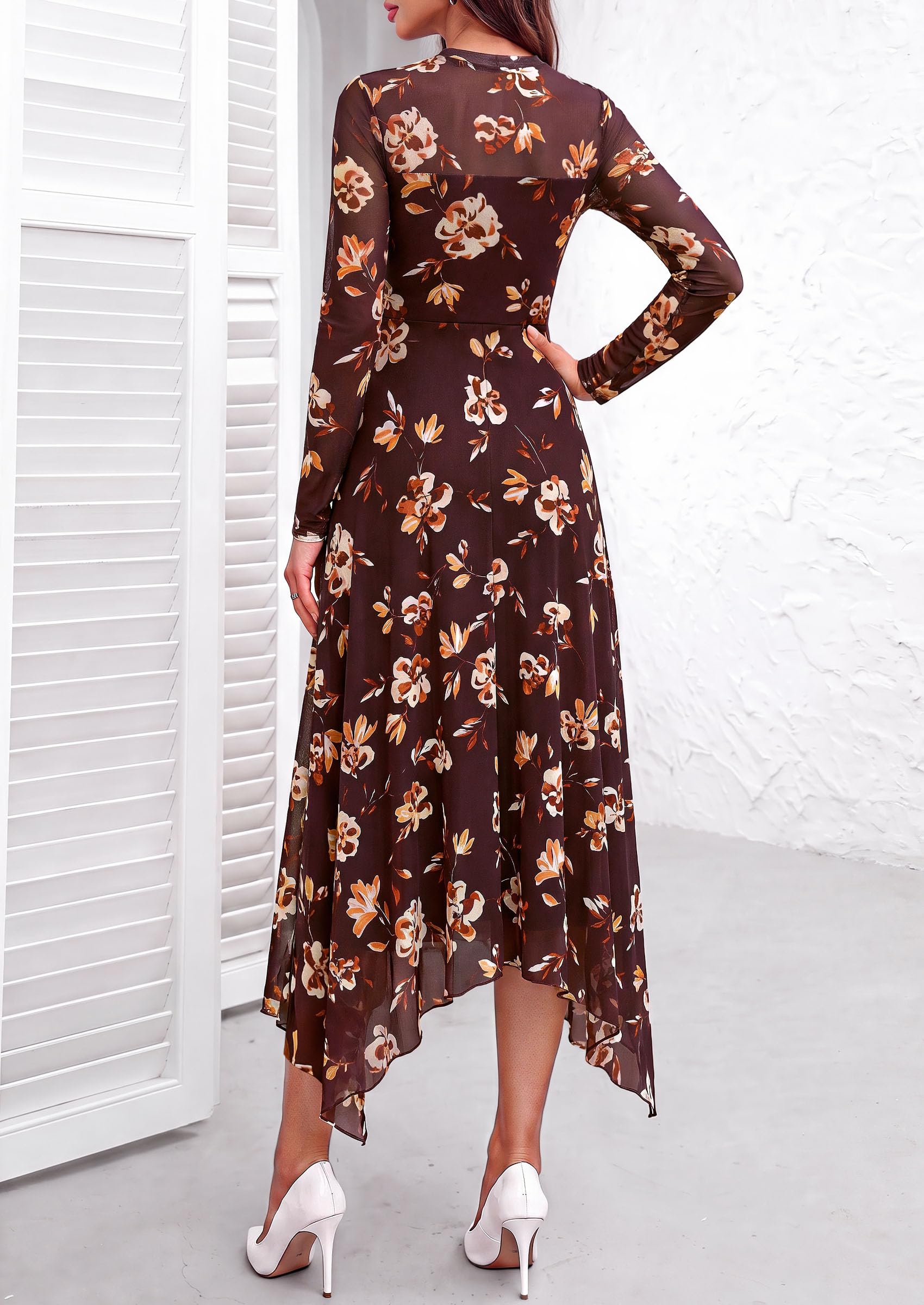 Women's Floral Mesh Midi Dress,Floral Burgundy Yellow,S