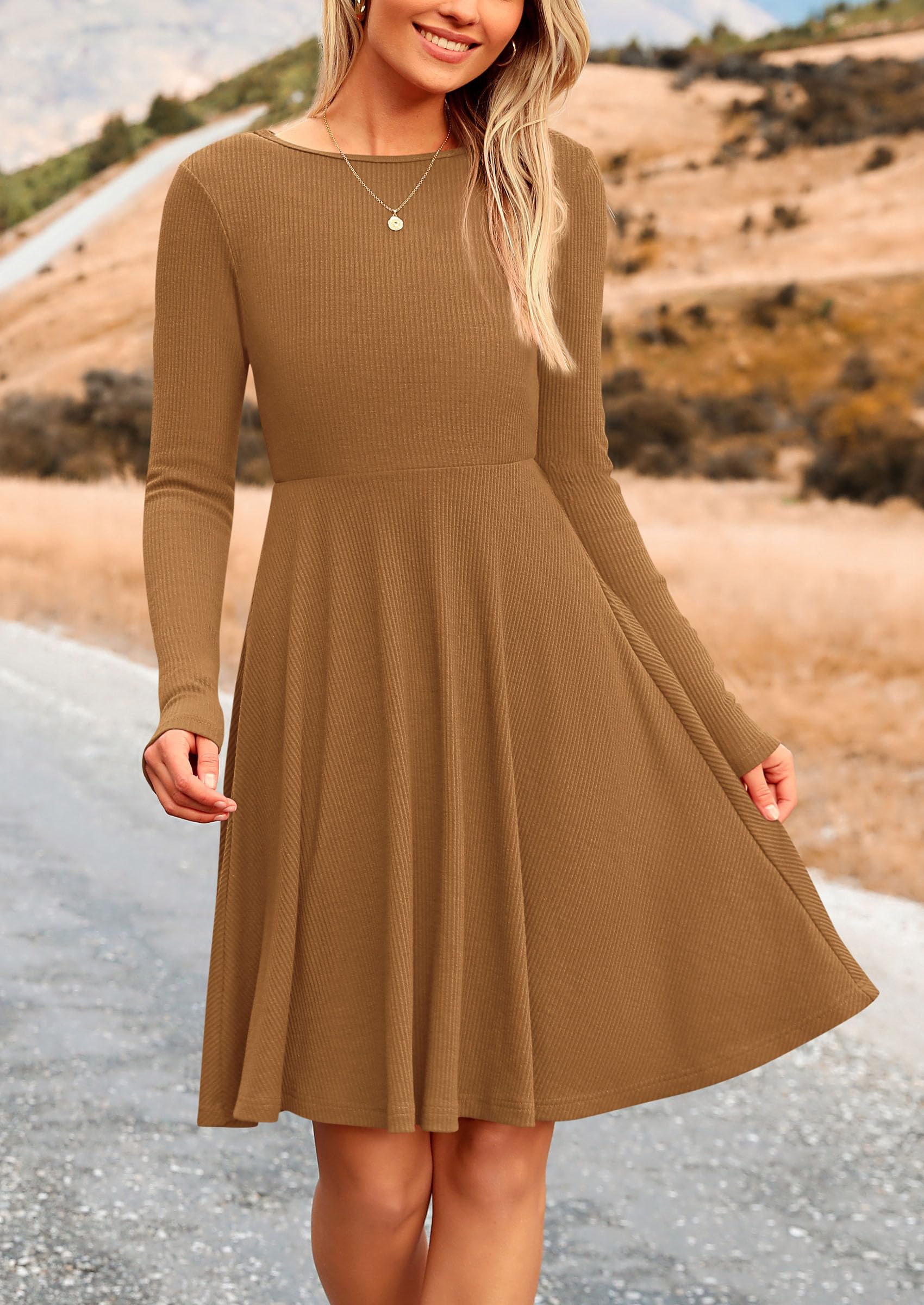 Women's Fall Casual Long Sleeve Short Dress (Dark Khaki,S)