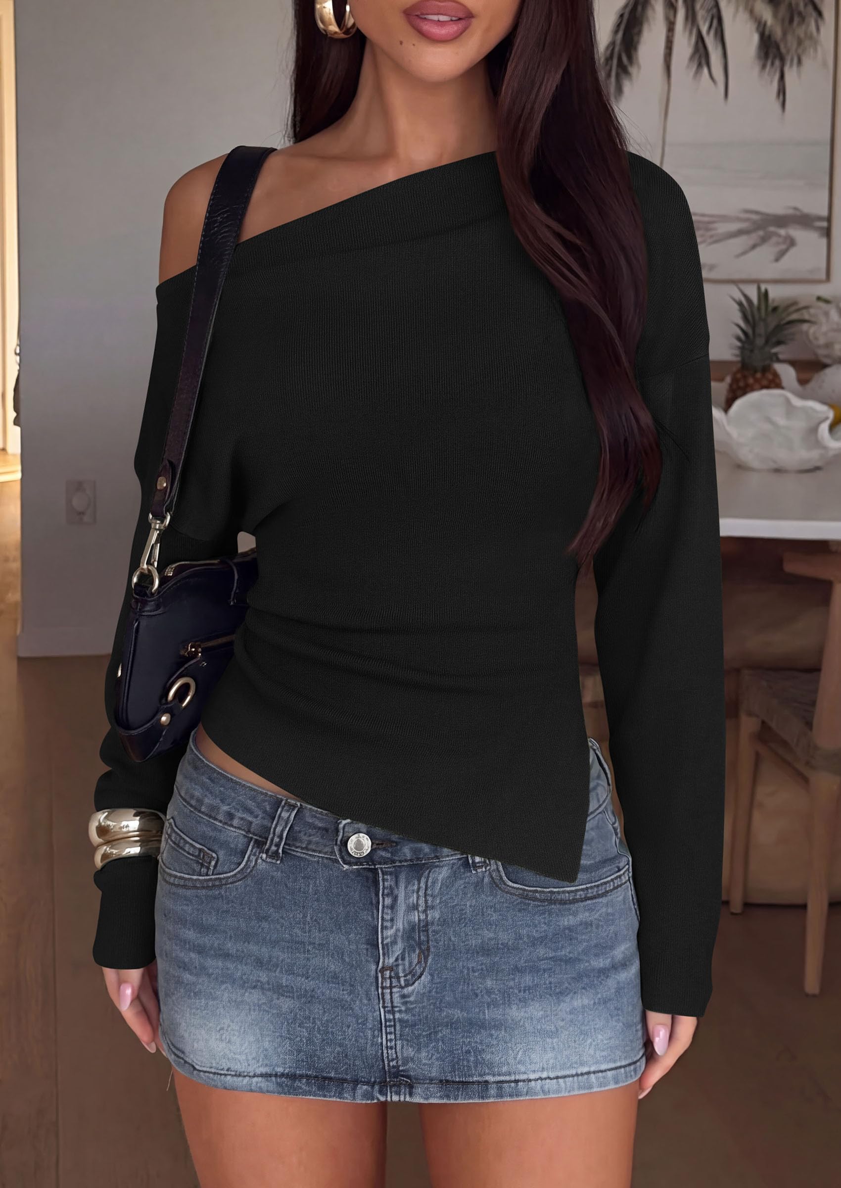 Womens Fall Long Sleeve Off Shoulder Sweater,Black,S