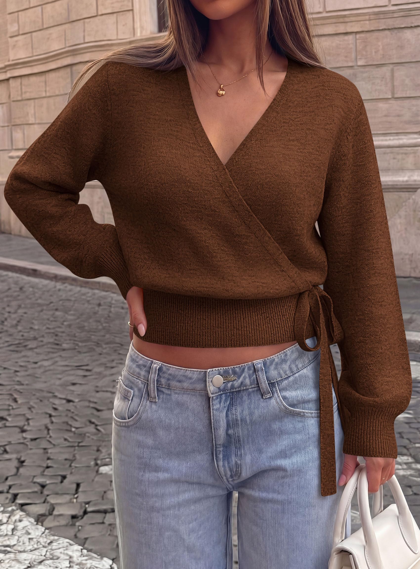 V Neck Wrap Sweaters for Women Fall Outifts Pullover Brown,S