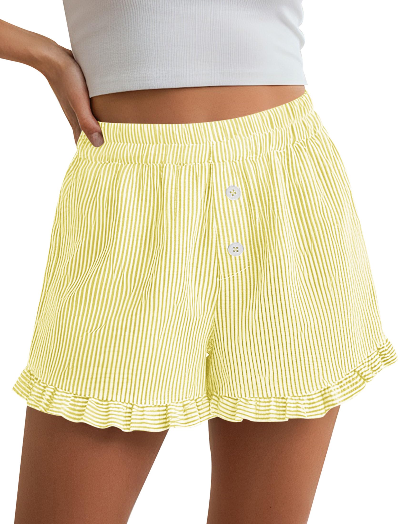 Womens Boxer Shorts Striped Gingham Ruffle Pajama Bottoms